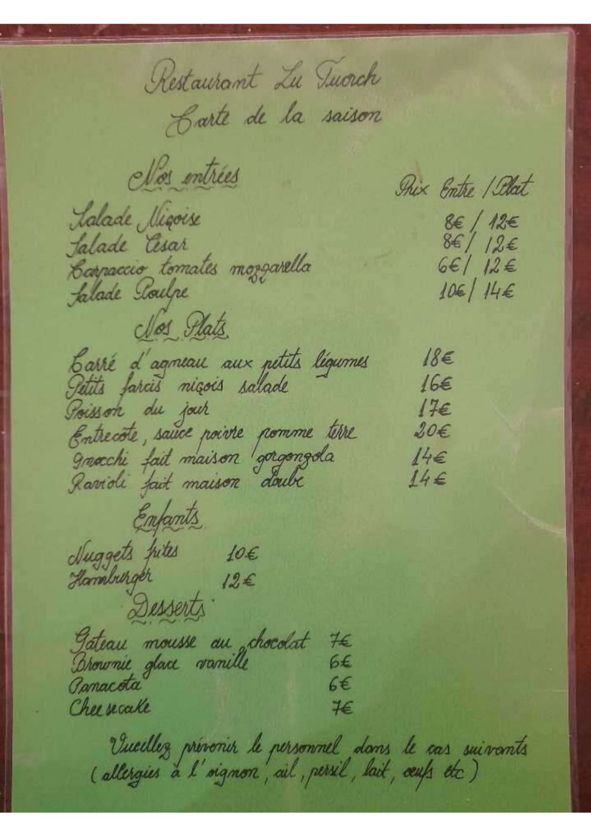 Carte et Menus 2024 Restaurant Lou Tuorch à Malaussène TheFork