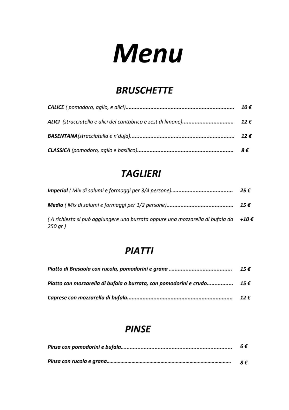 Calice 1310 Wine Bar Milano menu