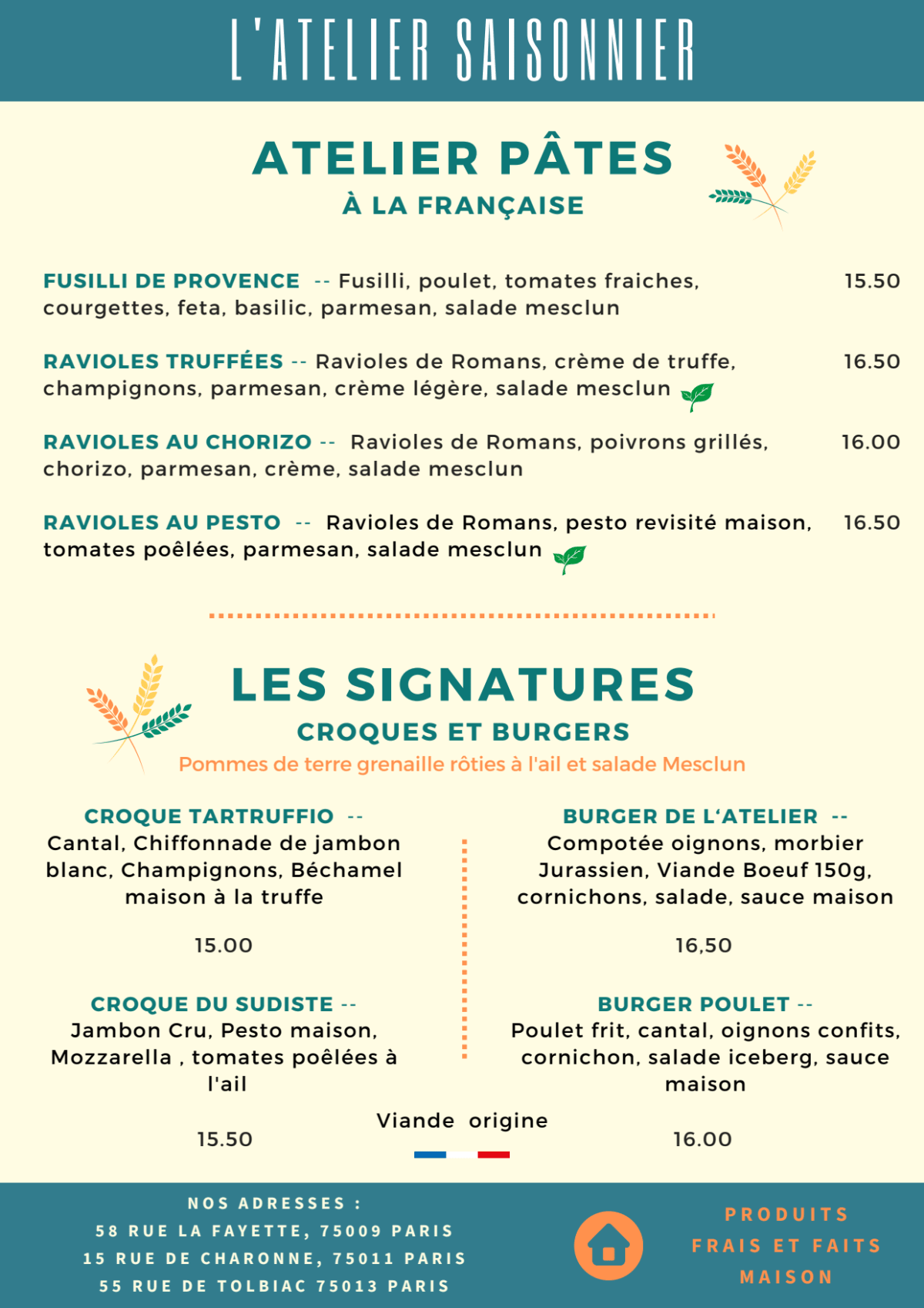 L'atelier Saisonnier Paris 13 menu