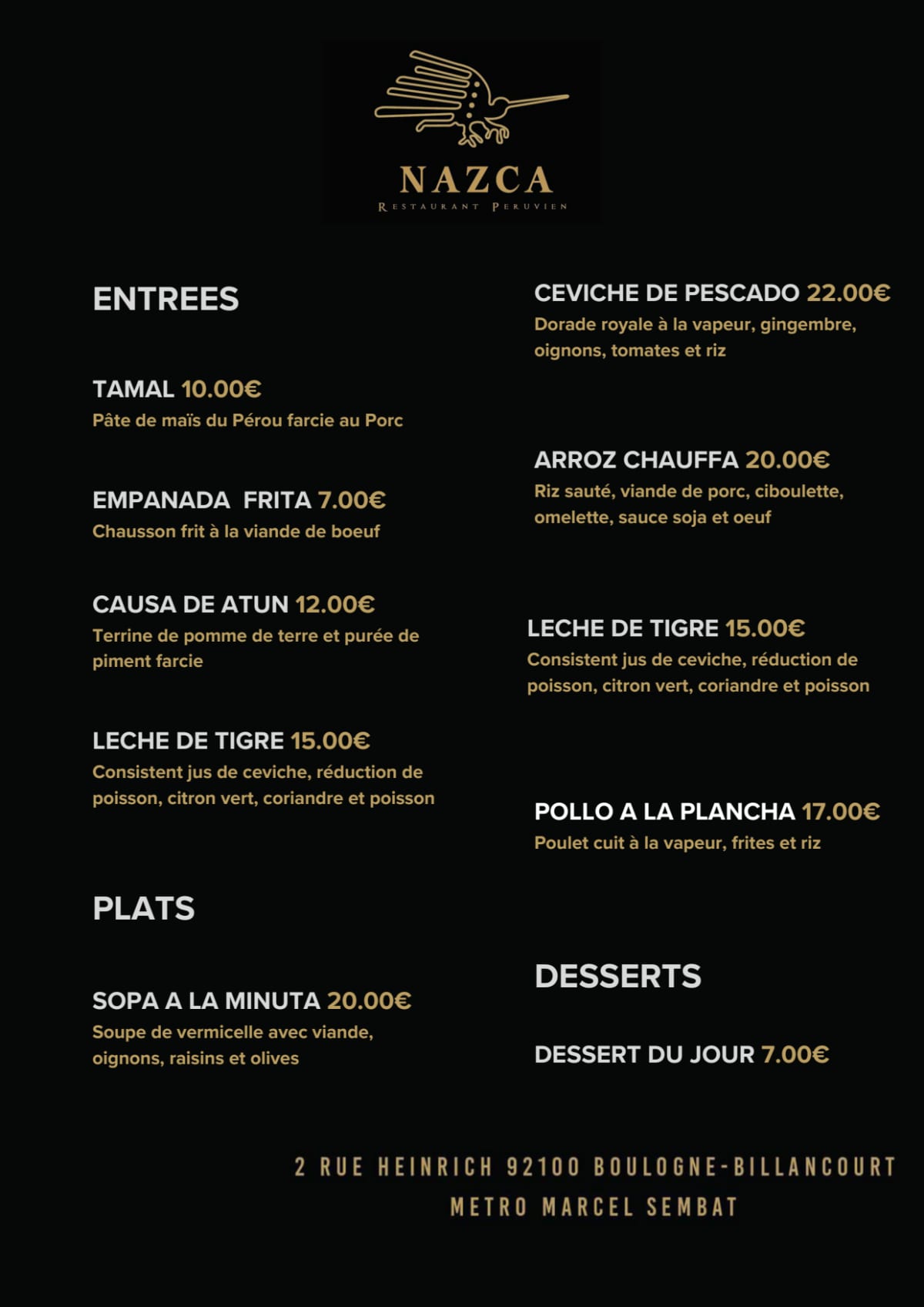 Nazca menu