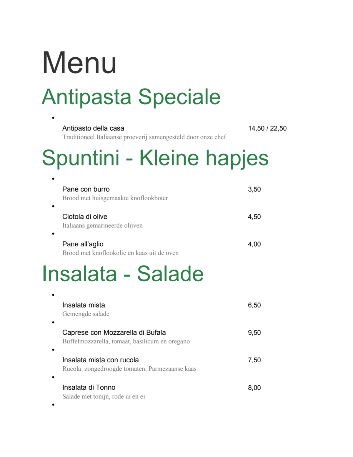 Ristorante Ciao Sorella menu