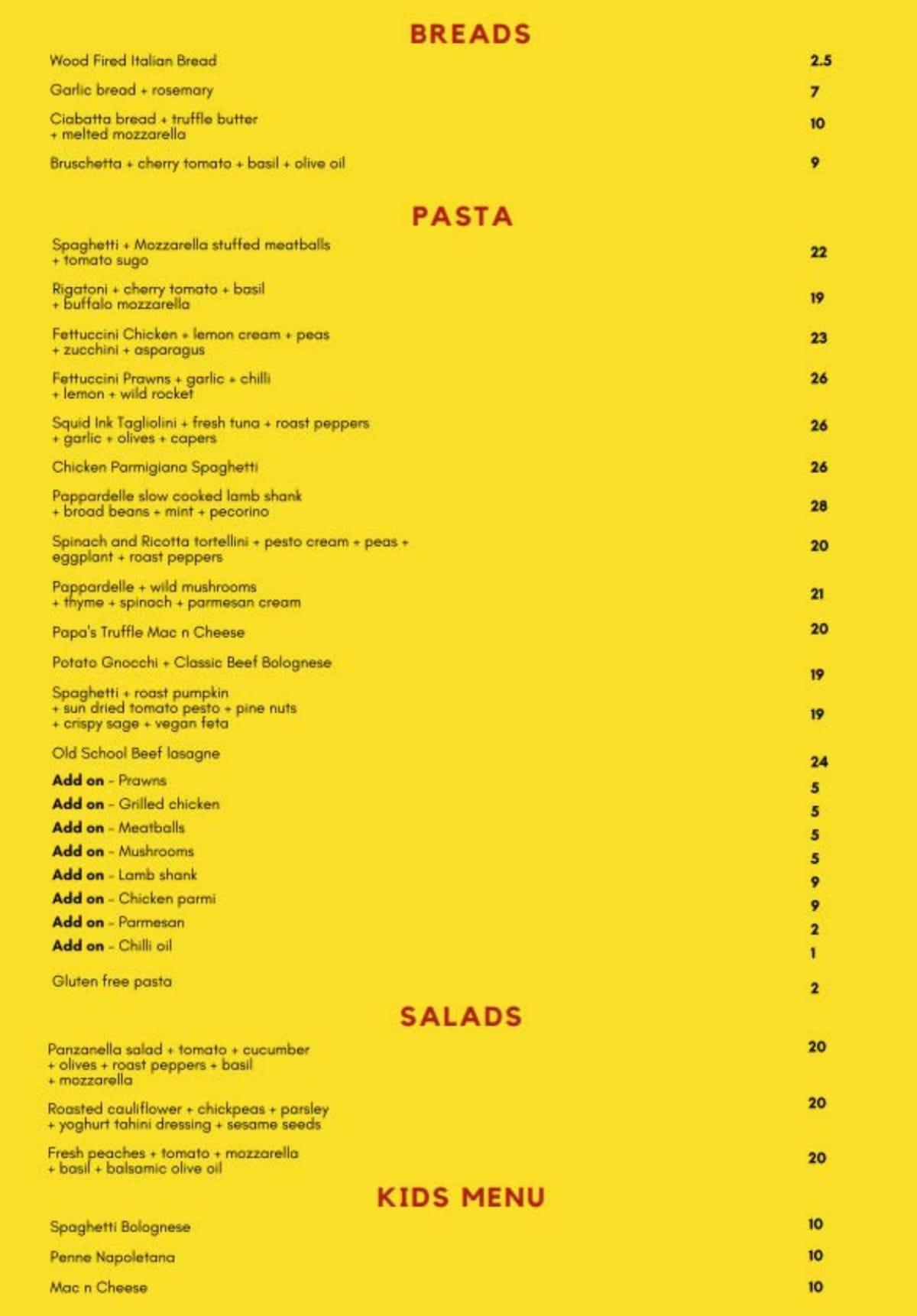 Menù completo e carta 2024 Papa Pasta Wentworth Point a Wentworth