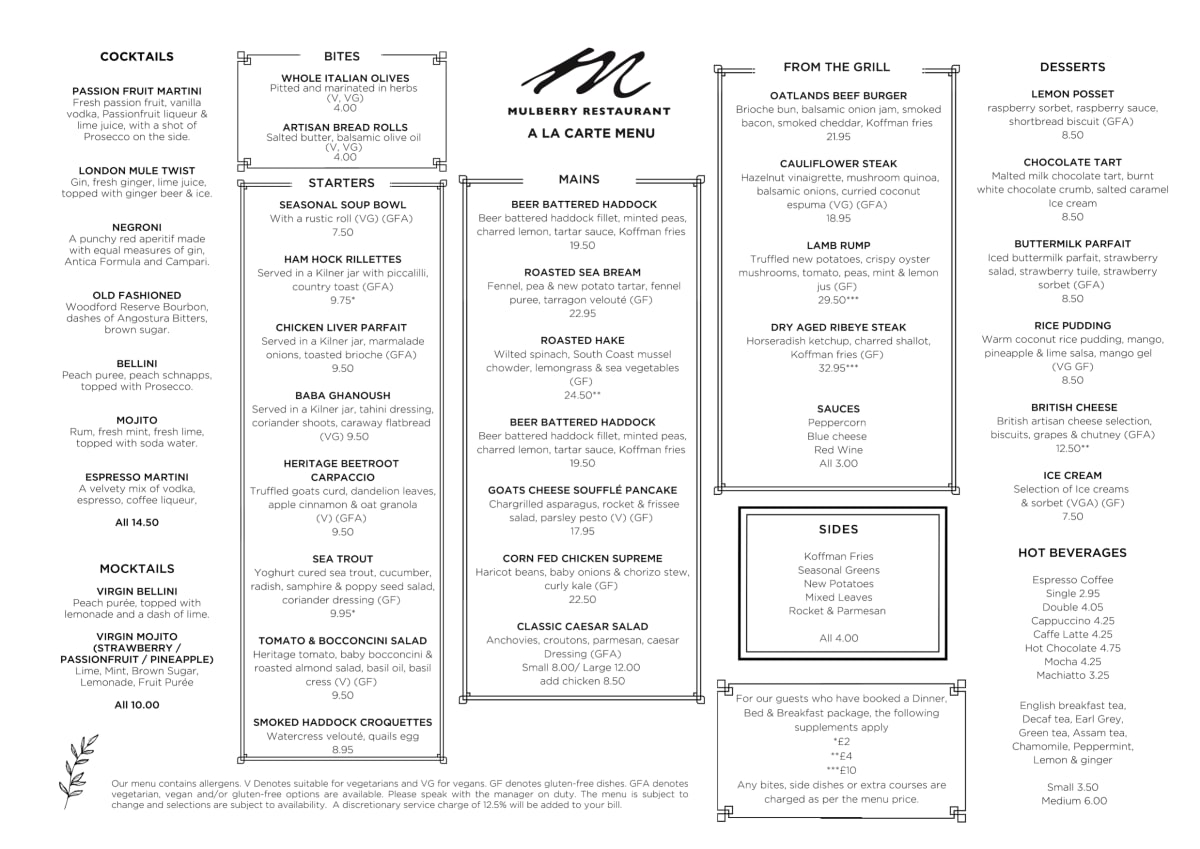 Carte et Menus 2023 Mulberry Restaurant at Oatlands Park Hotel à Weybridge TheFork