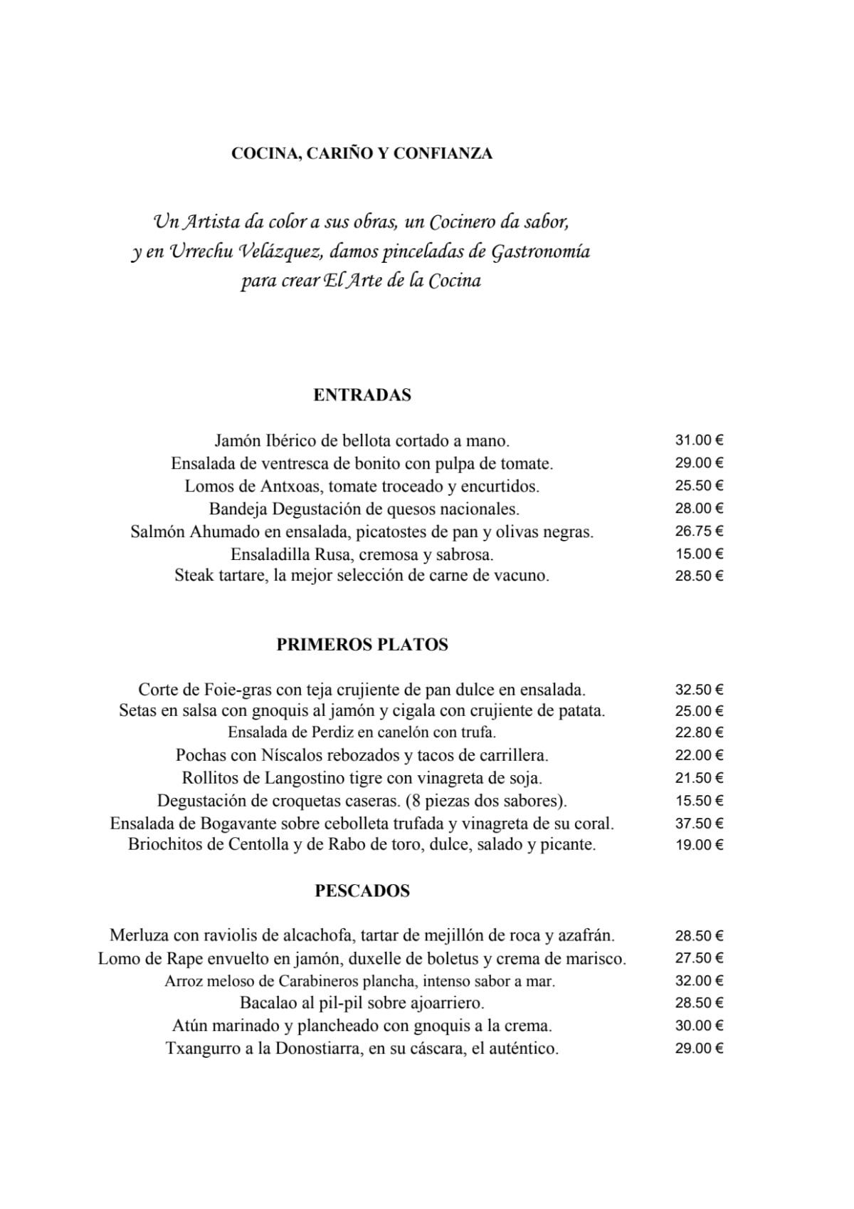 Urrechu Velázquez menu