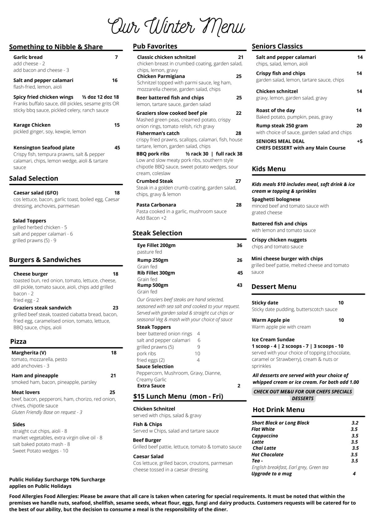 The Kensington Tavern menu