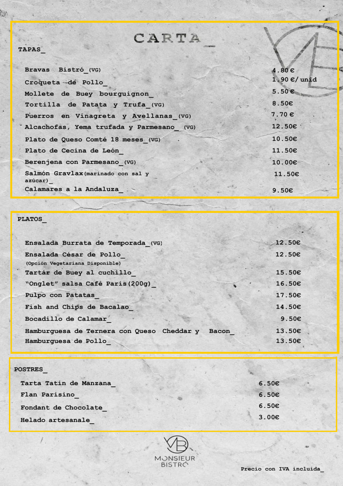 Monsieur Bistró menu