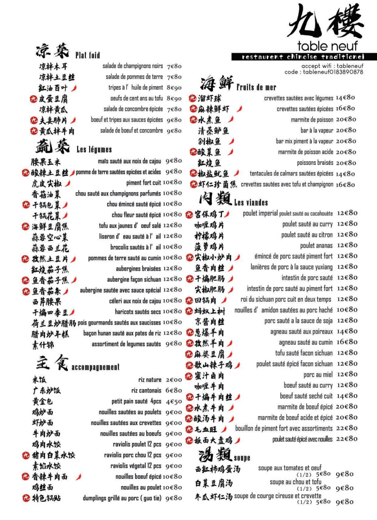 Table Neuf menu