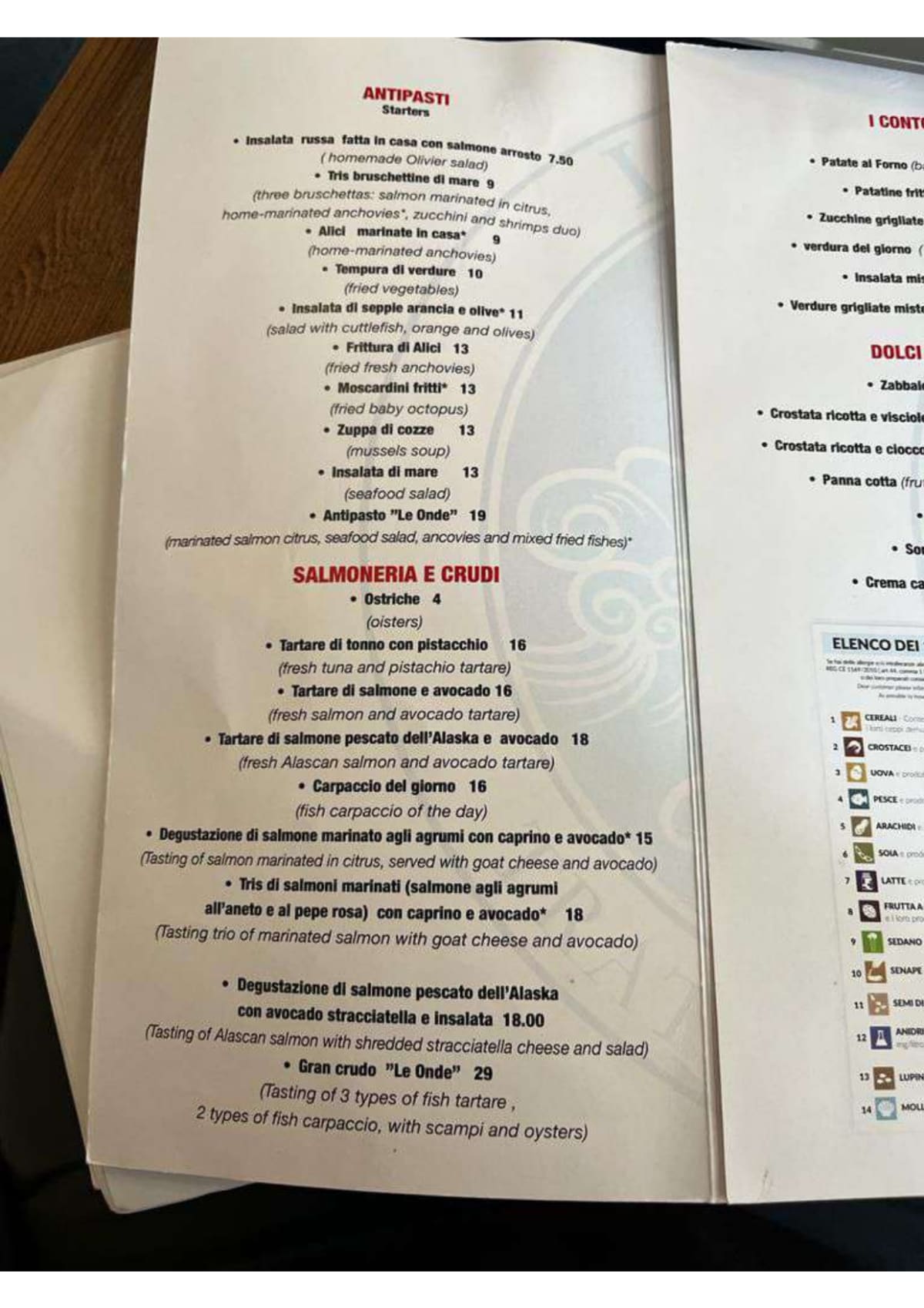 Le Onde Trattoria del Mare menu