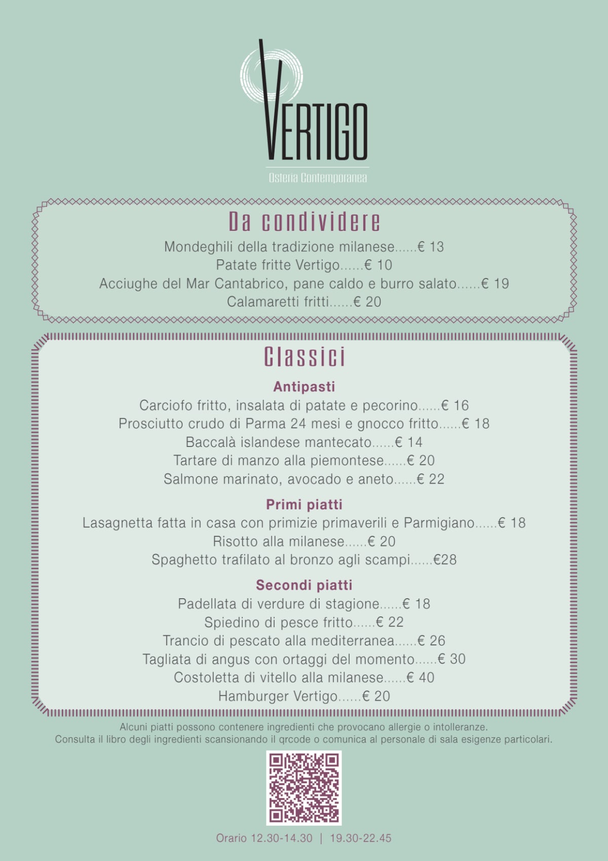 Vertigo Osteria Contemporanea menu