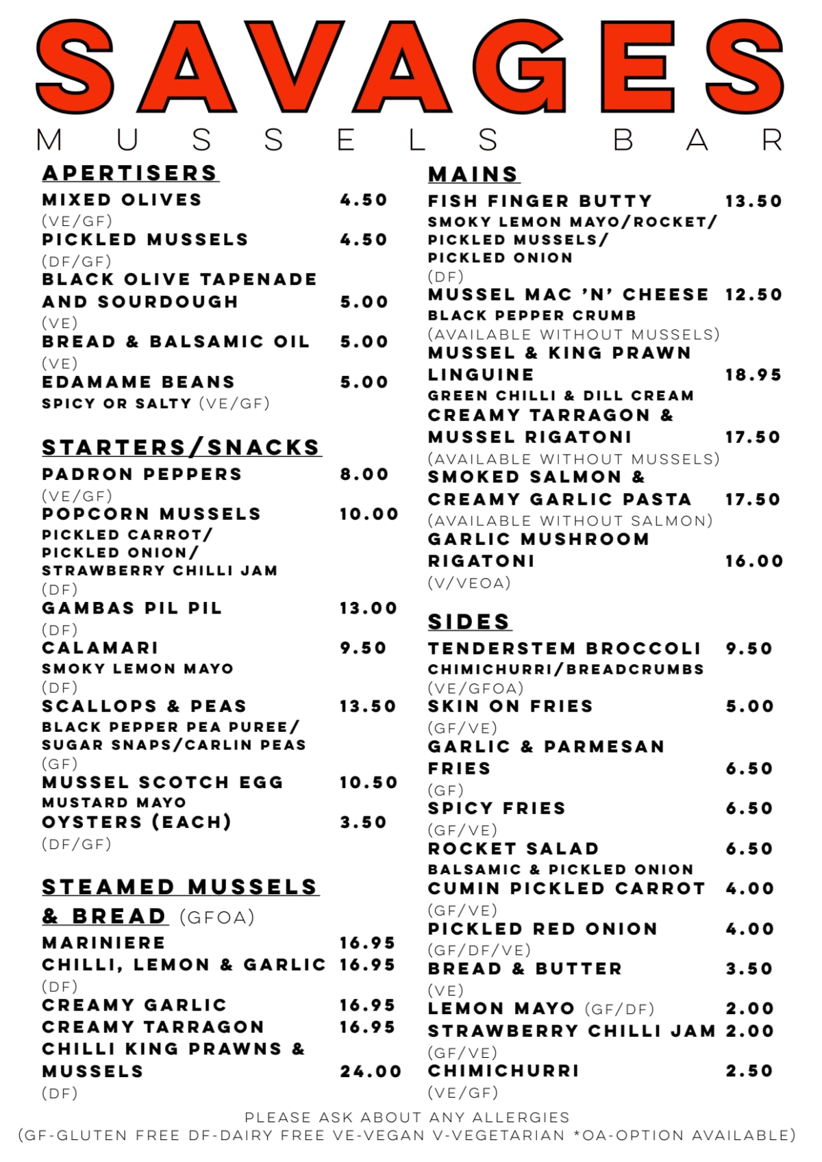 Menu 2024 Savages Mussels Bar in Macclesfield TheFork