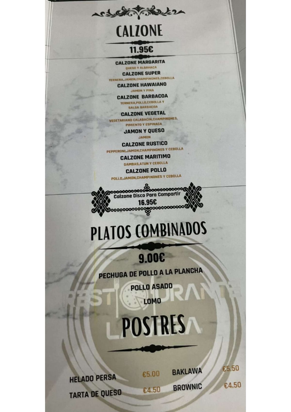 La Vera menu