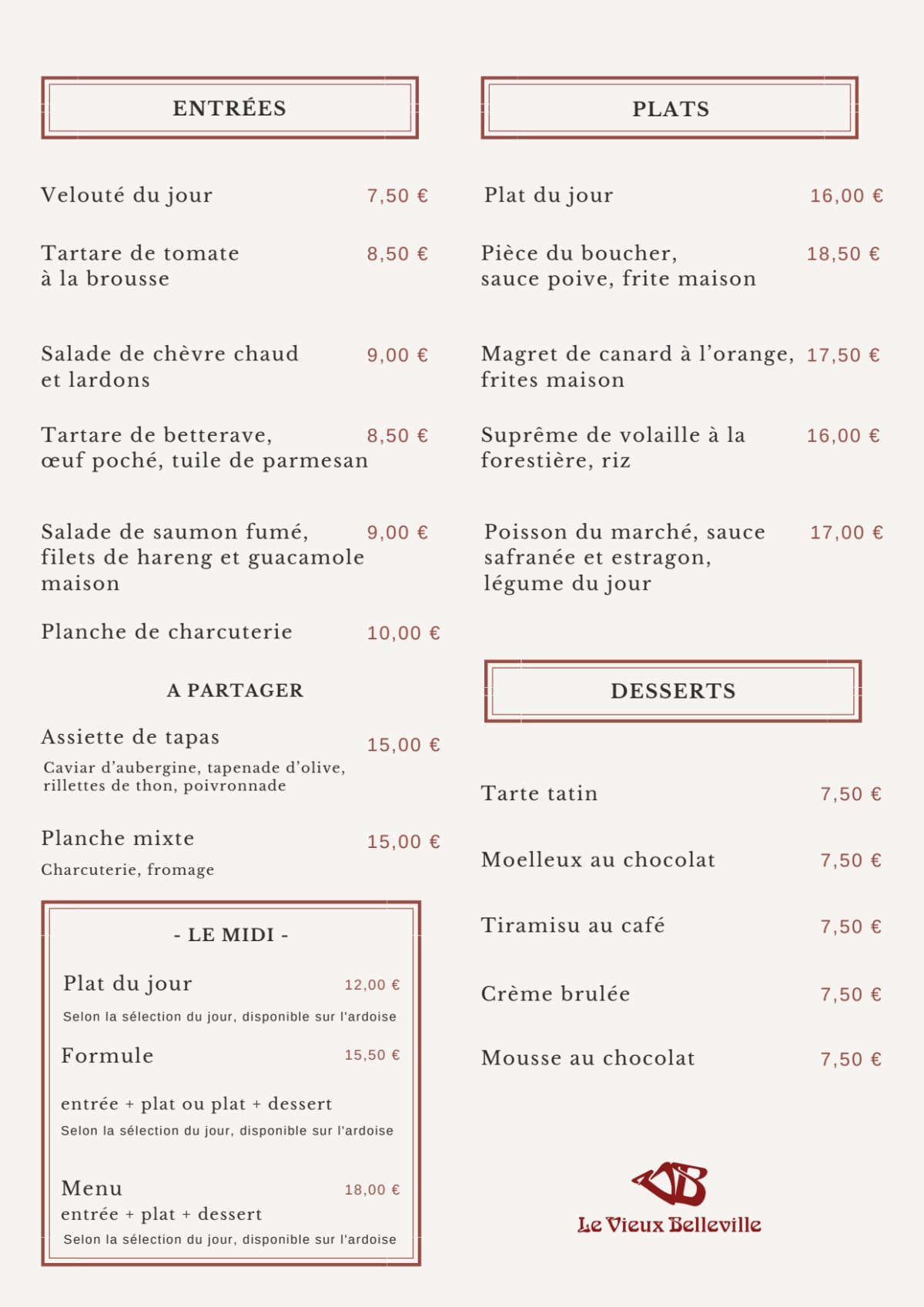 Le Vieux Belleville menu