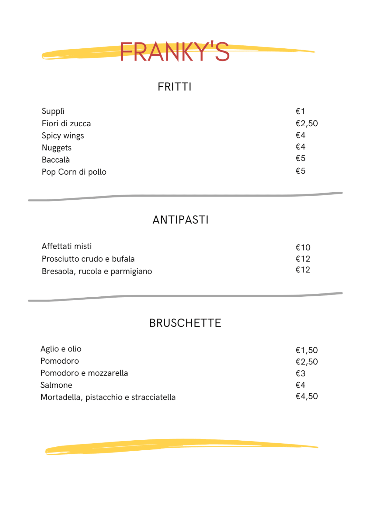 Franky's menu