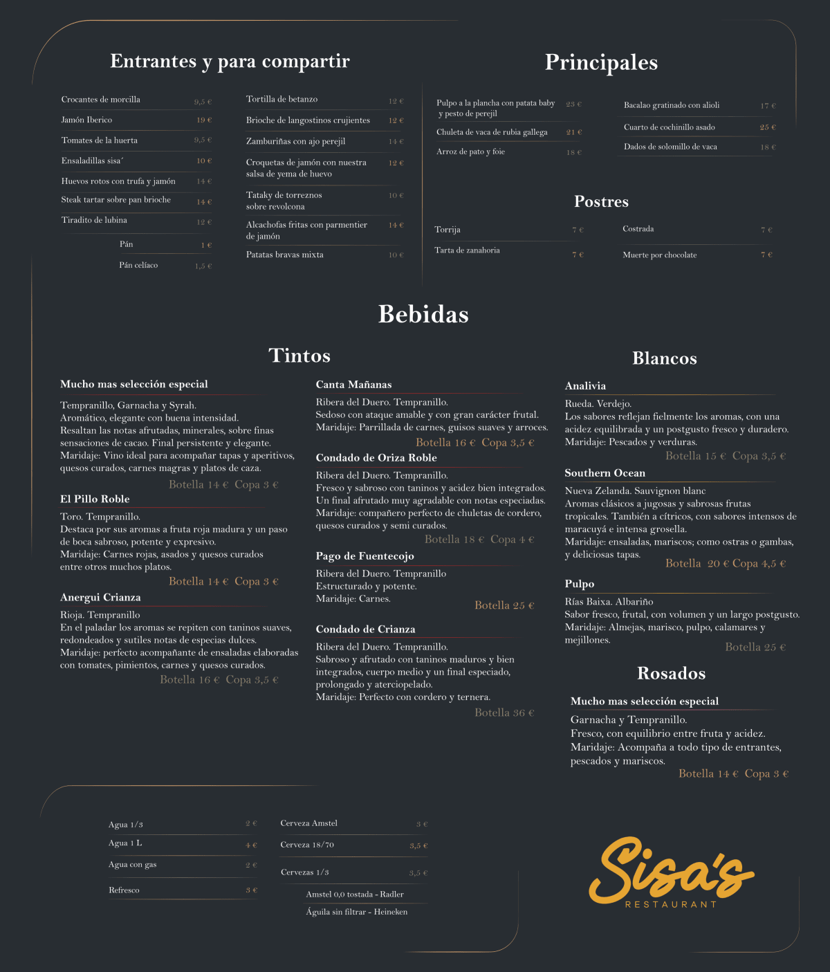 Sisa’s restaurant menu