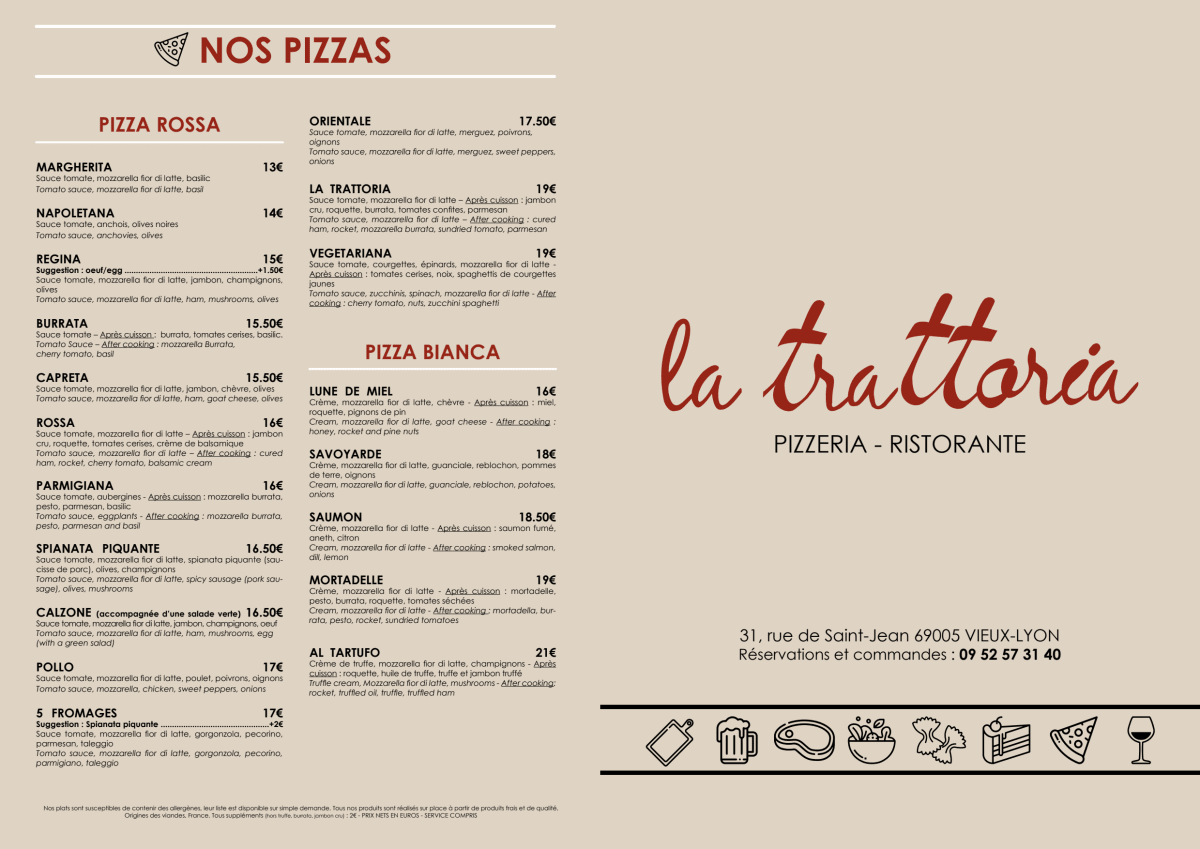 La trattoria hot sale menu