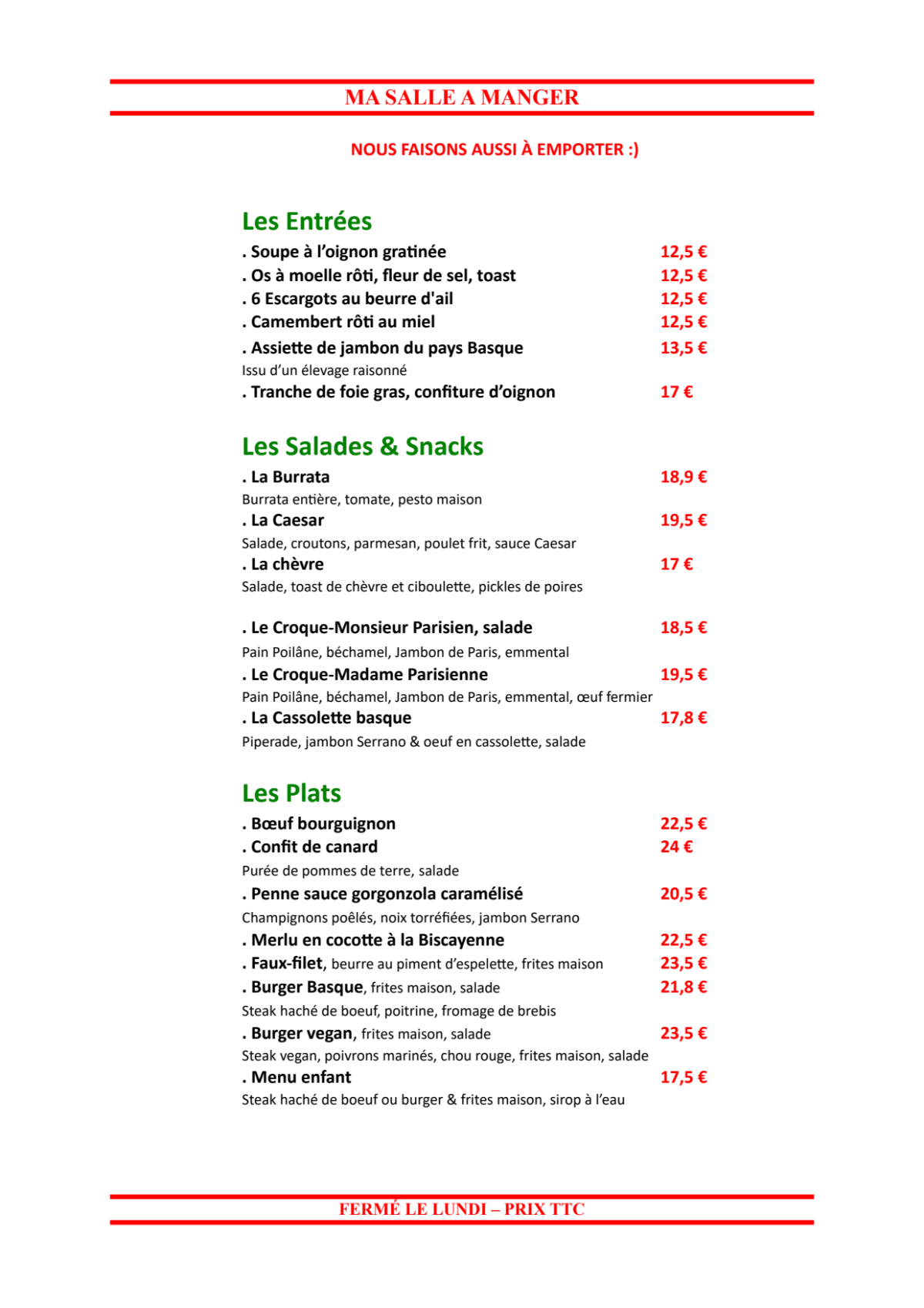 Ma Salle à Manger menu