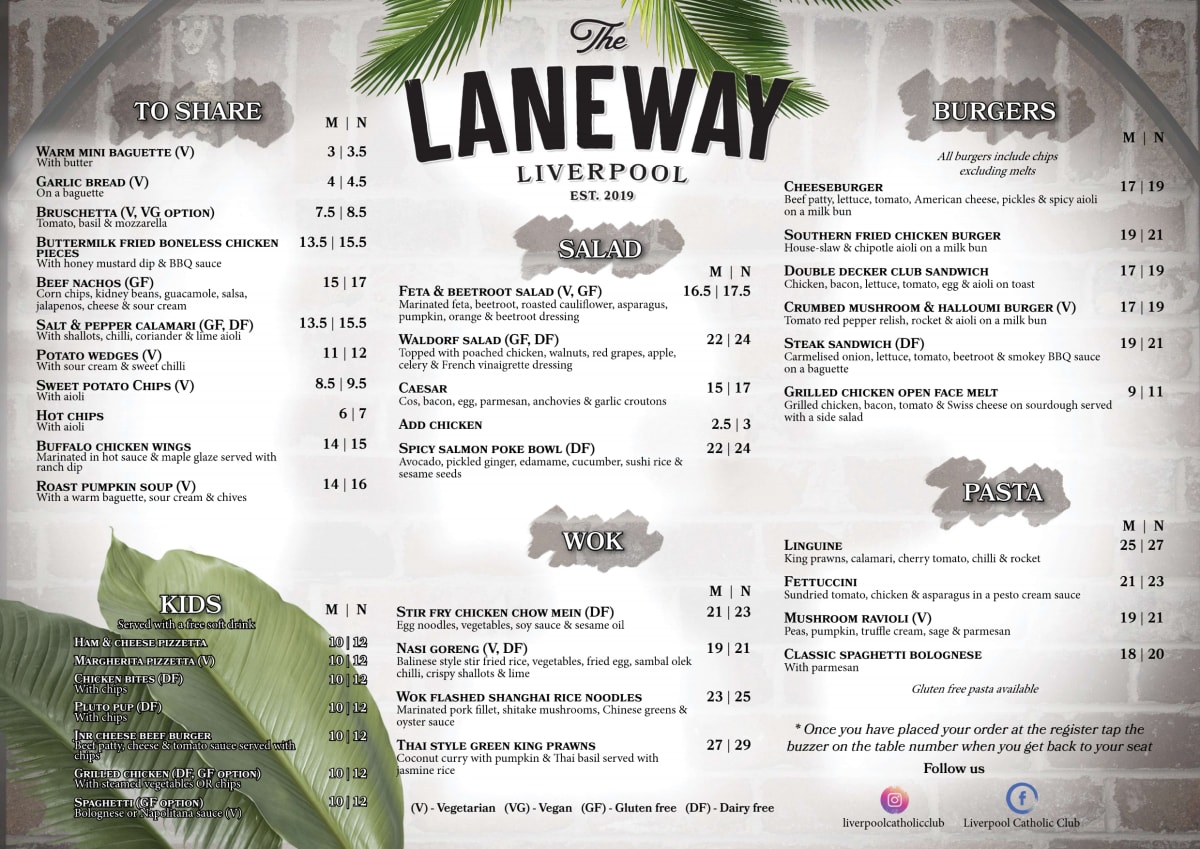 Menu 2023 Liverpool Catholic Club Laneway Restaurant in Prestons