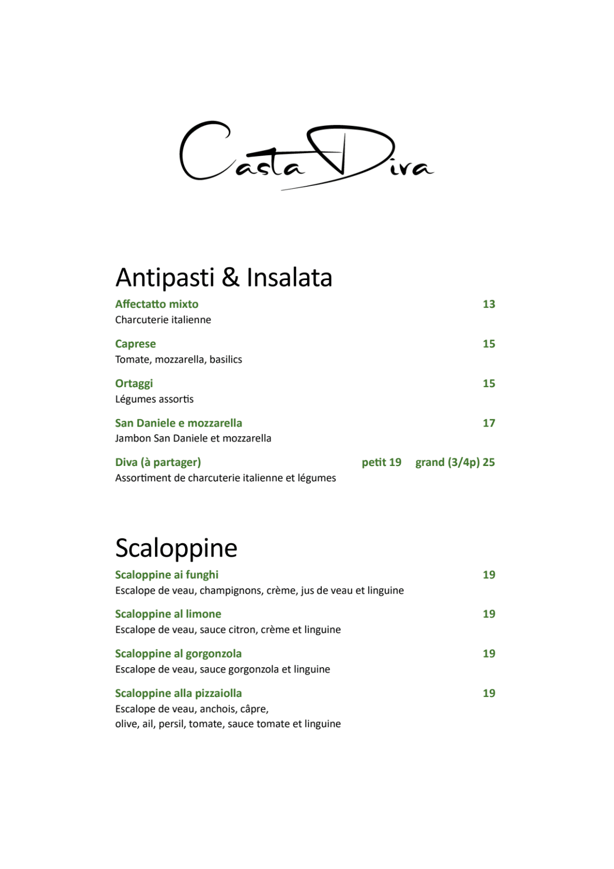 Casta Diva menu