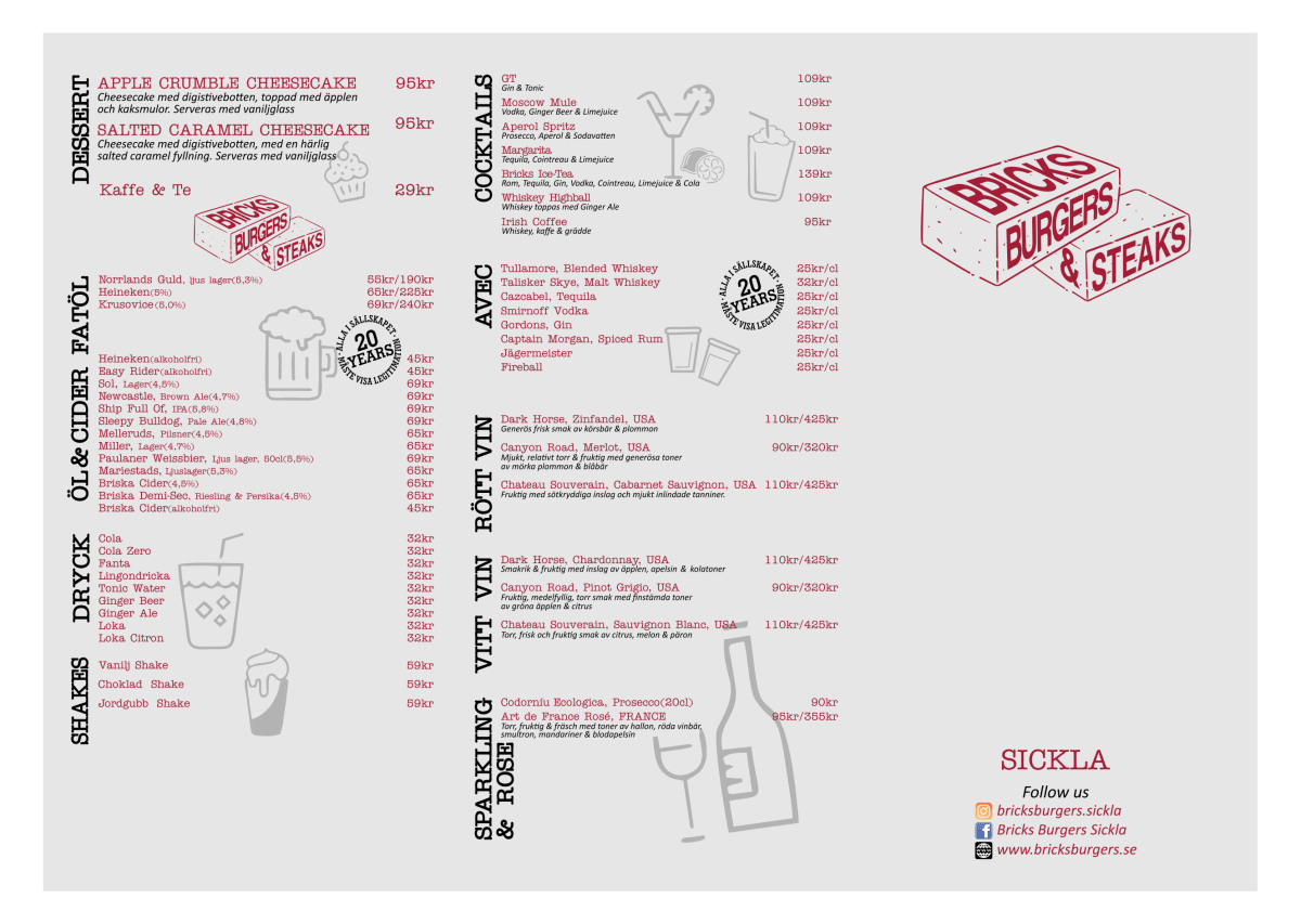 Bricks Burgers and Steaks - Sickla menu