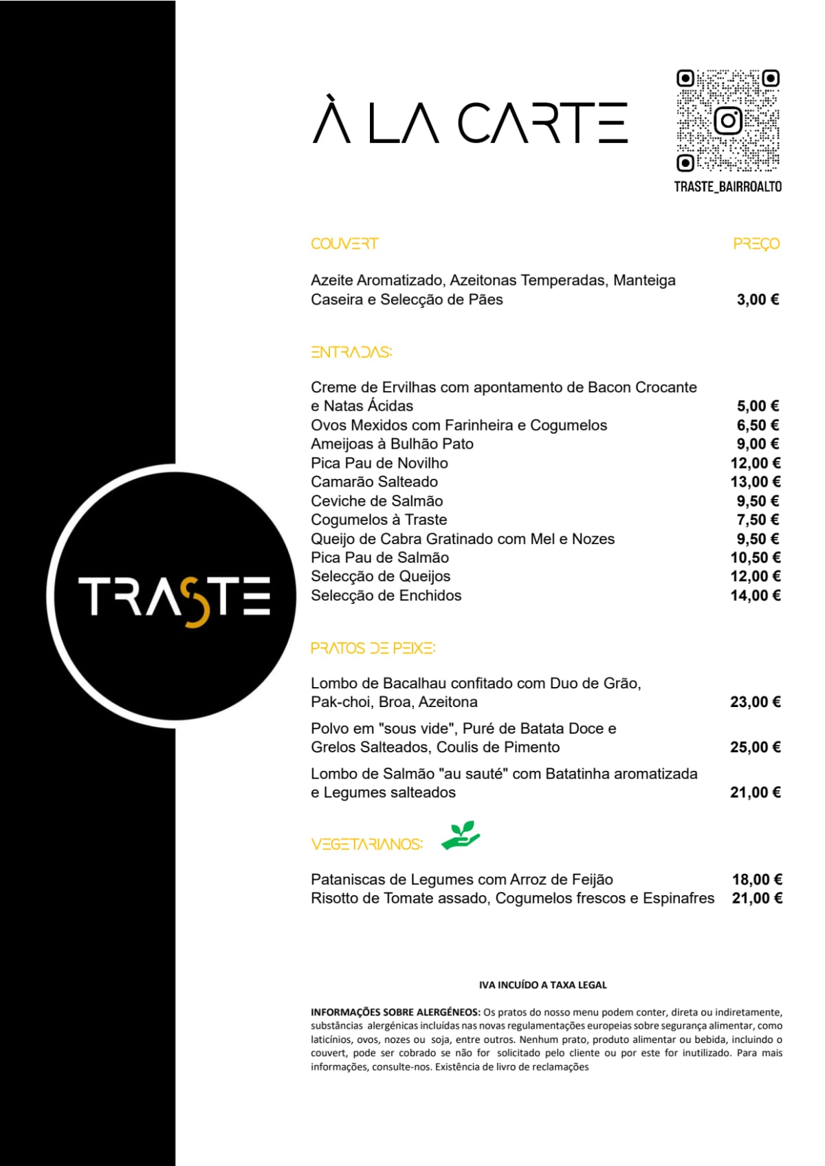 Traste Bairro Alto menu