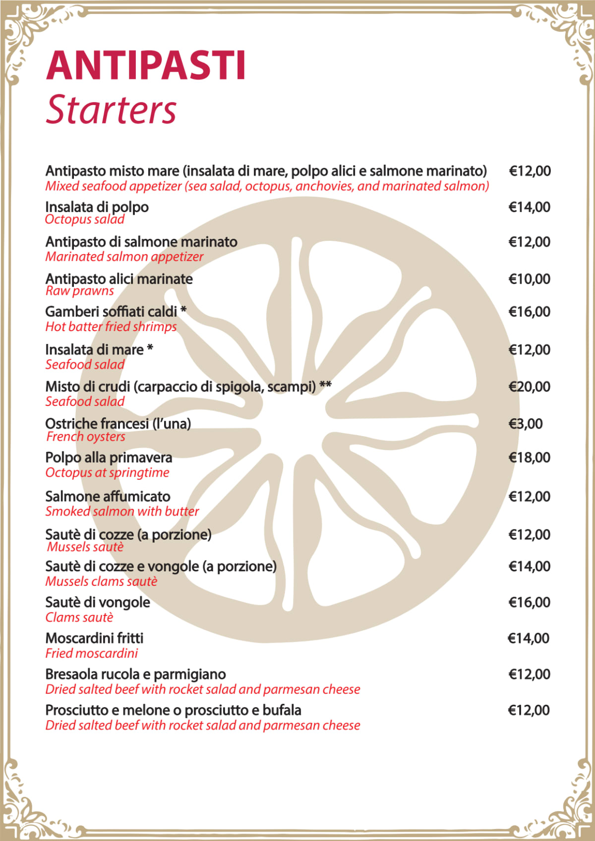 La Ruota menu