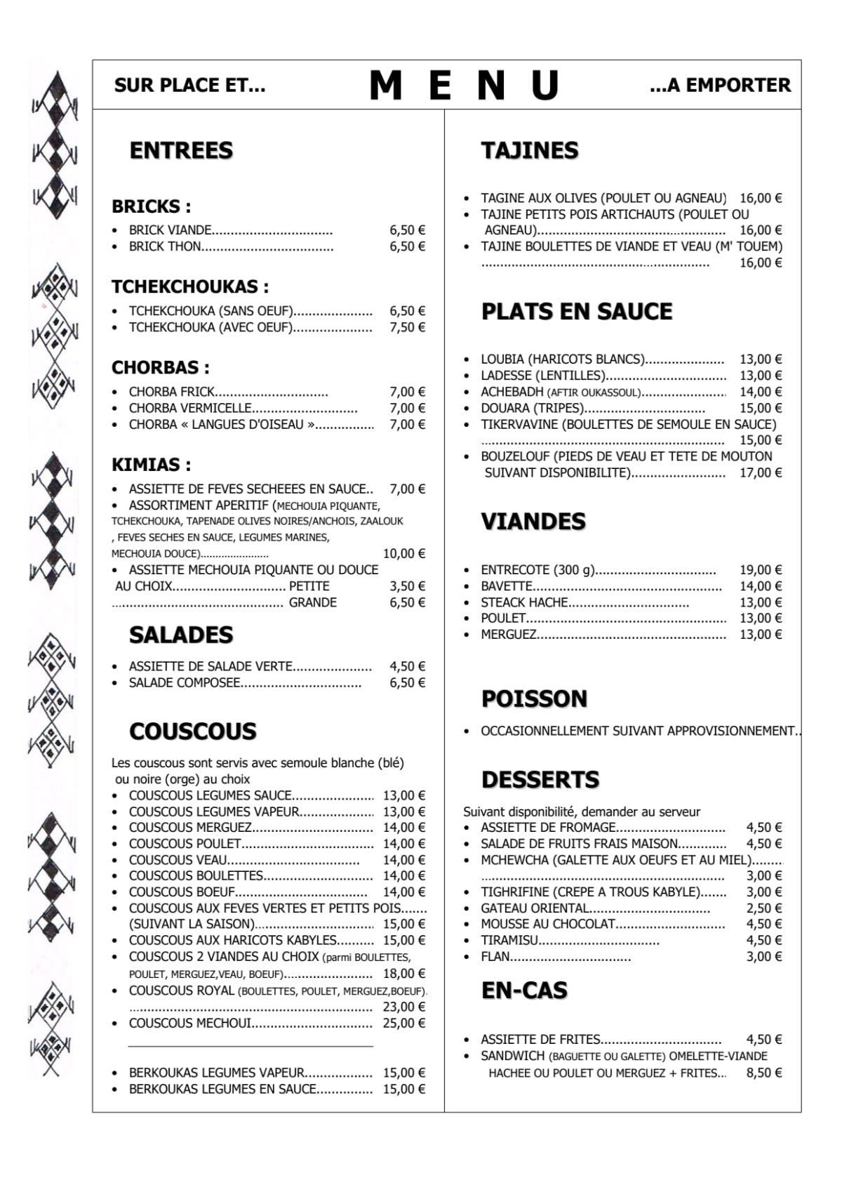 La Grotte menu