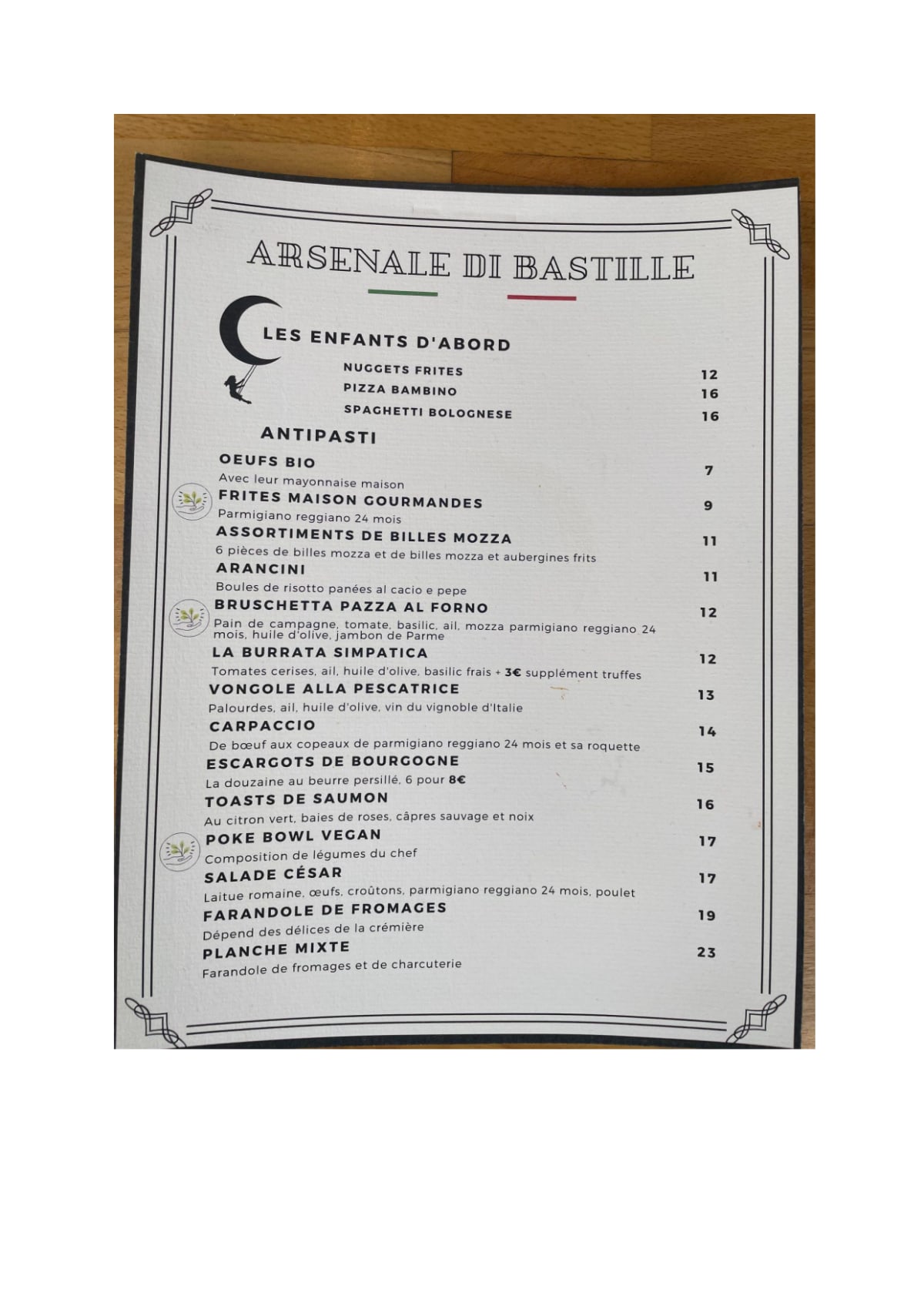 Arsenale Di Bastille menu