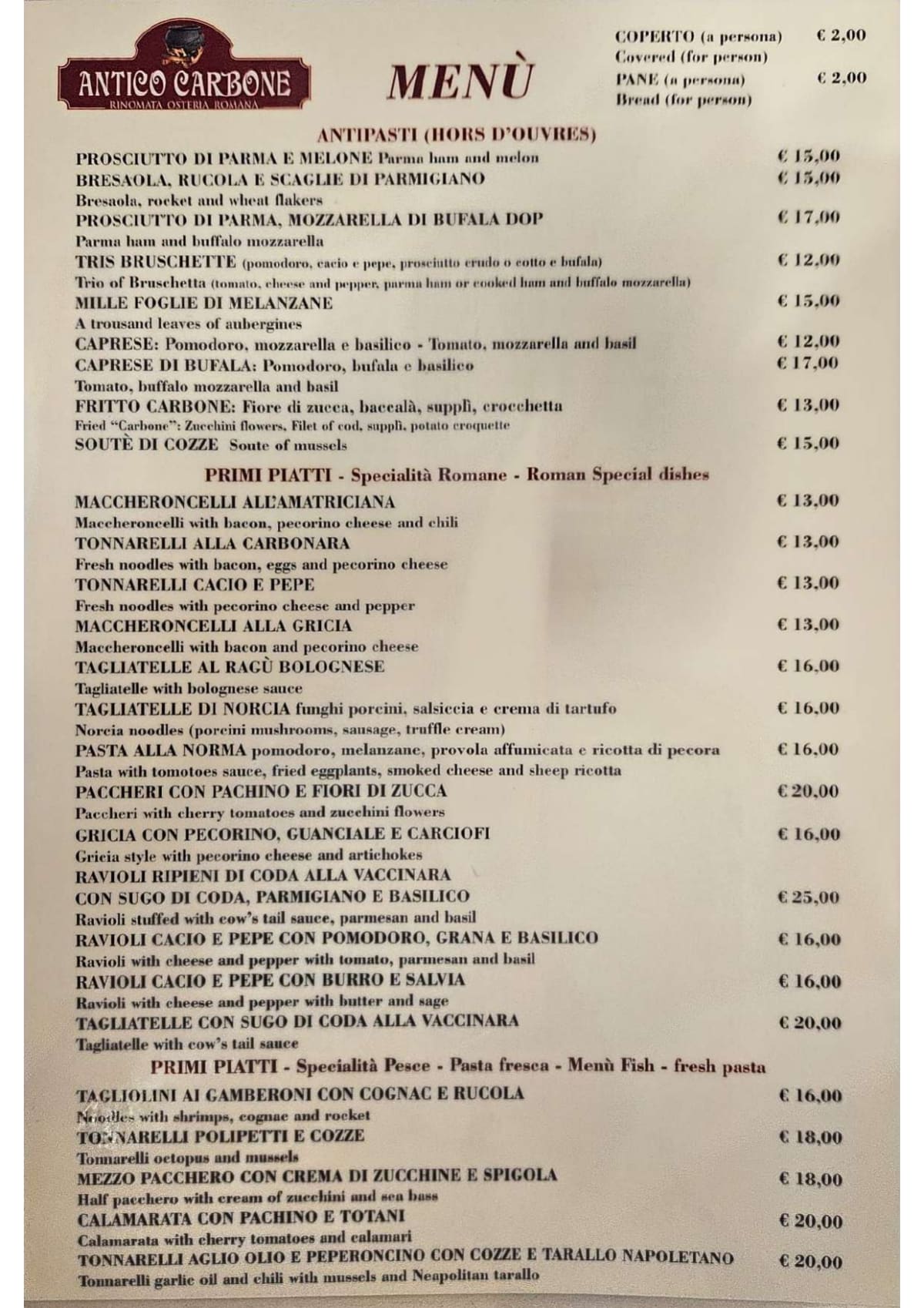 Antico Carbone menu