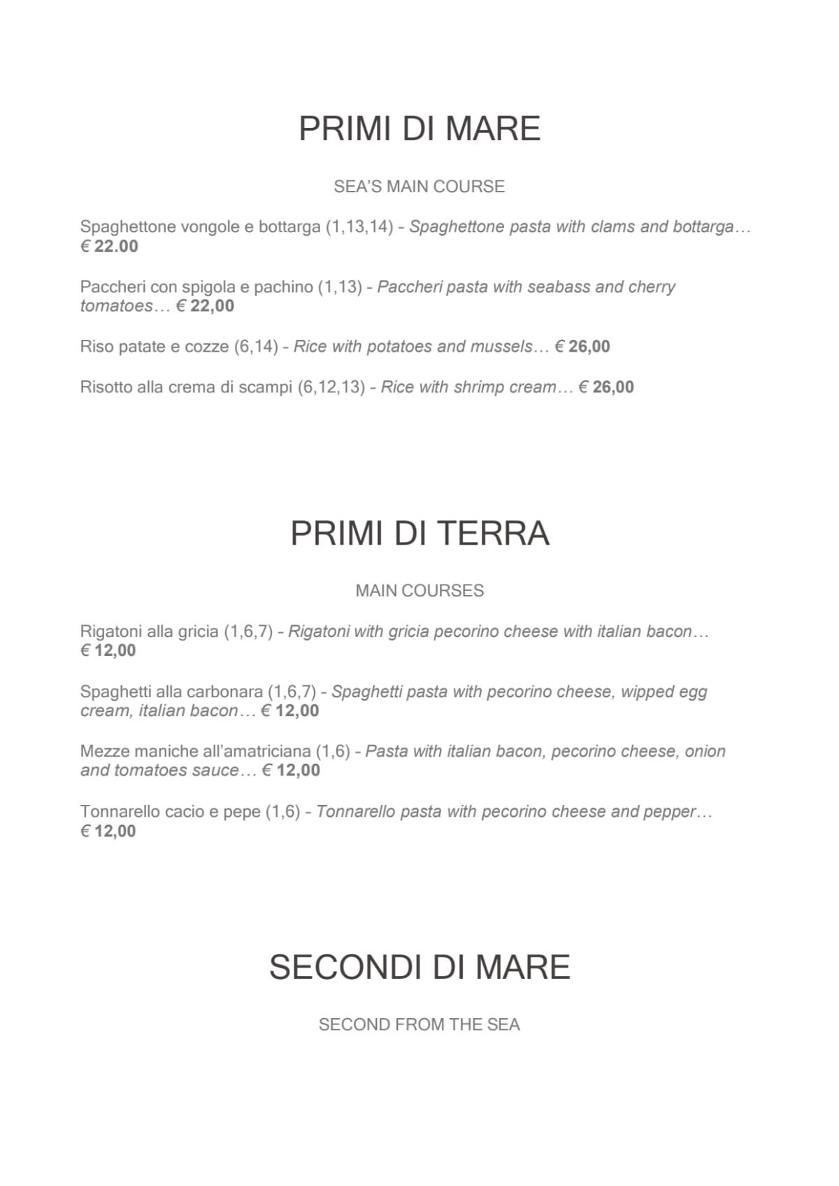 Ristorante Campo de Fiori menu