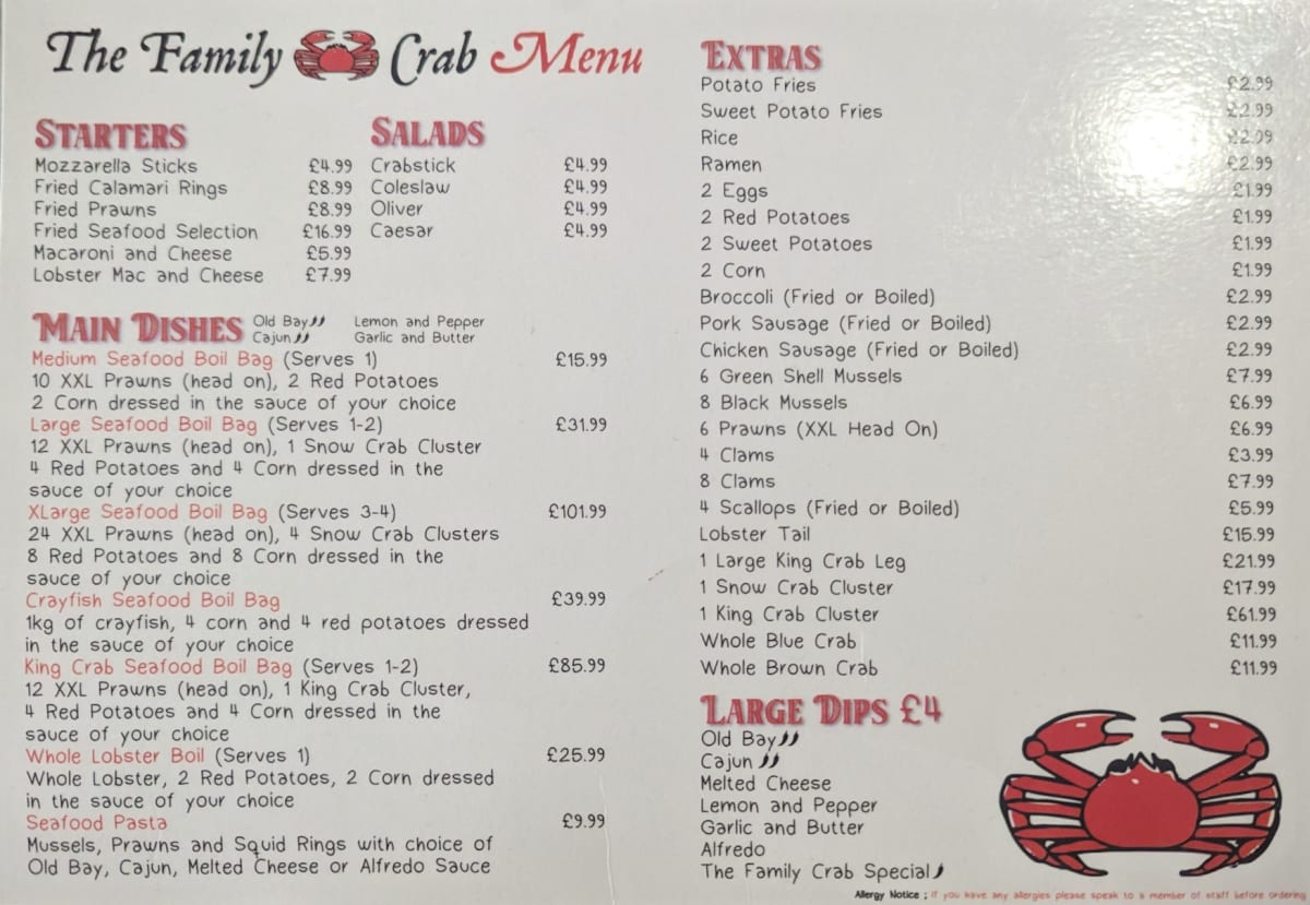 Carte et Menus 2024 The Family Crab à Enfield TheFork