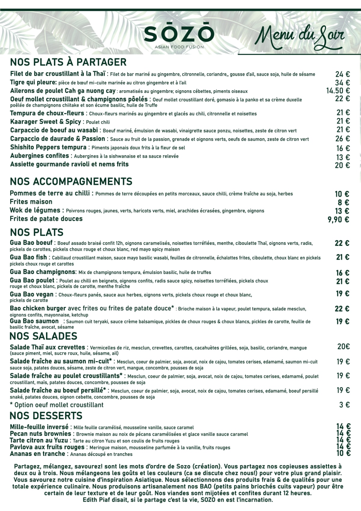 Sozo menu