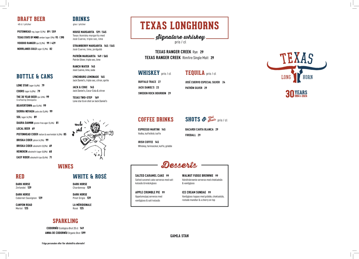 Texas Longhorn Gamlastan menu