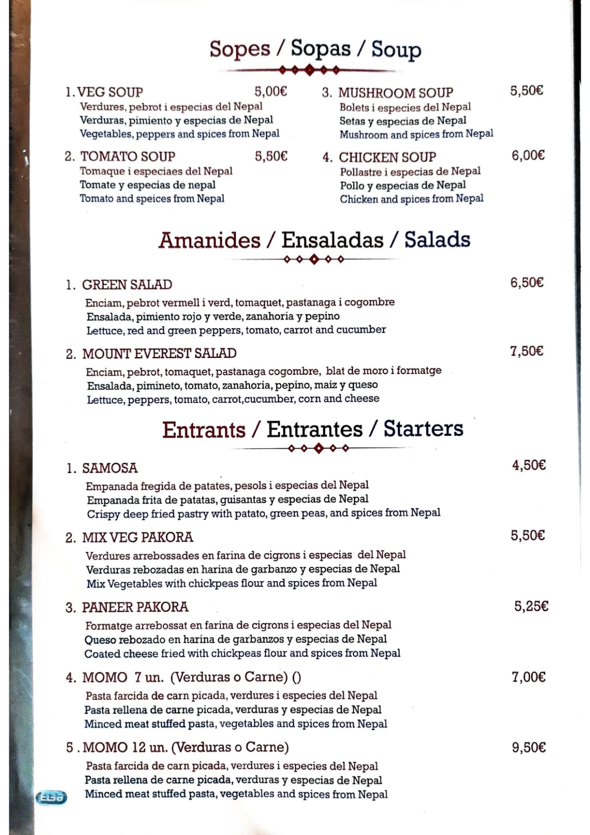 Mount Everest menu