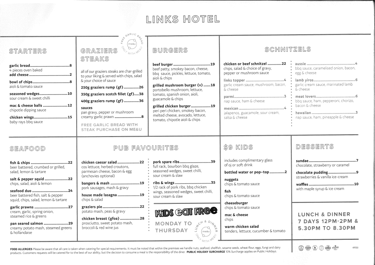 Carte et Menus 2024 Links Hotel à Seaton (SA) TheFork