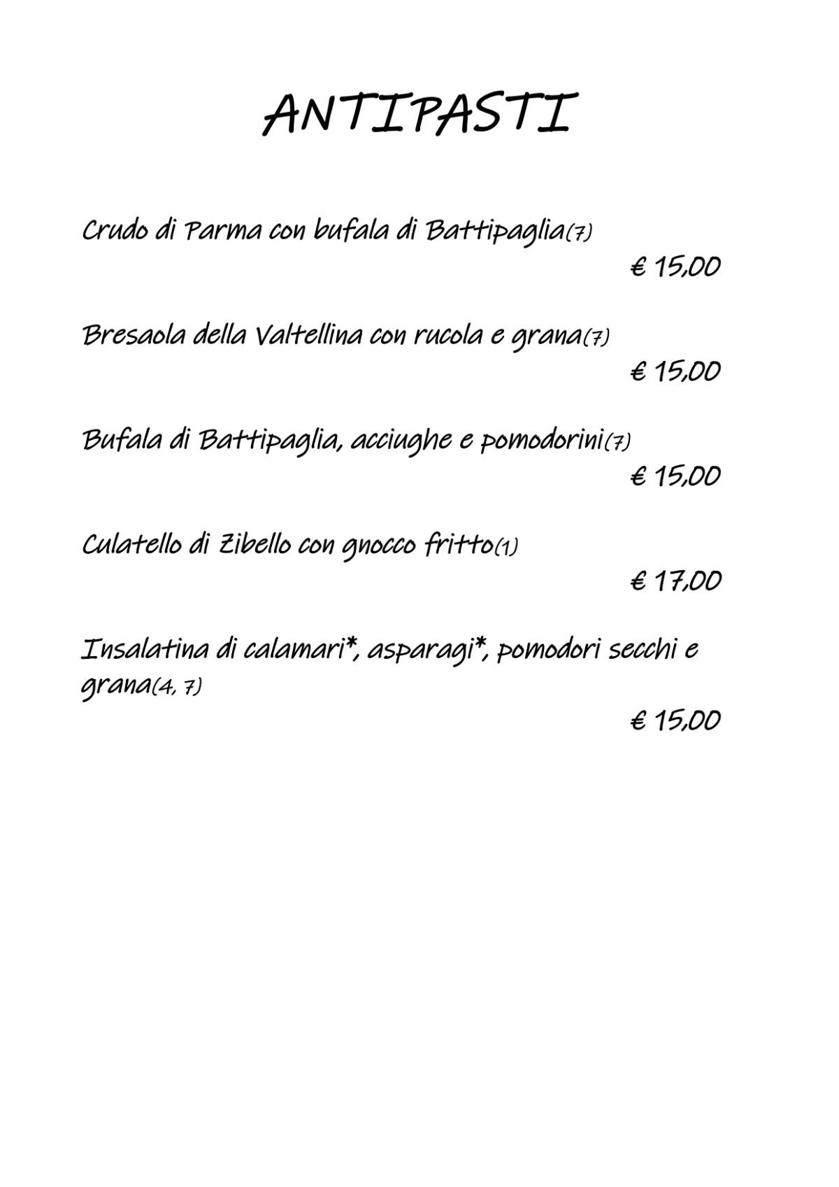 Caffè degli Artisti menu