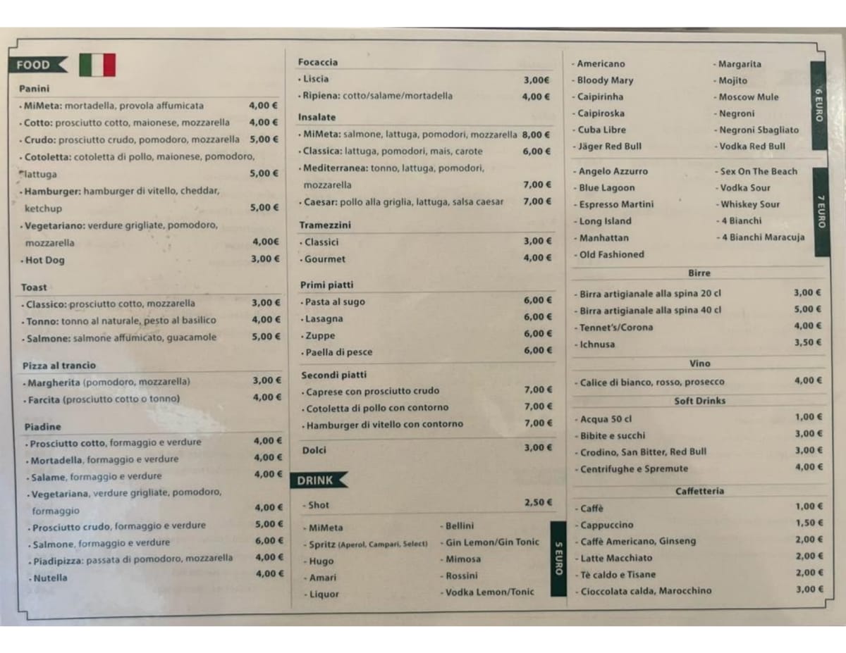 Mimeta Italian Bar menu