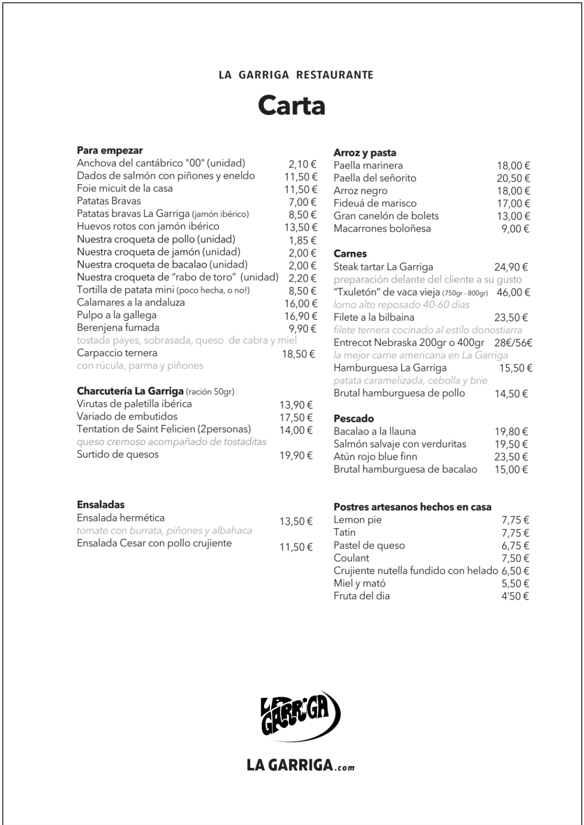 La Garriga Eixample menu