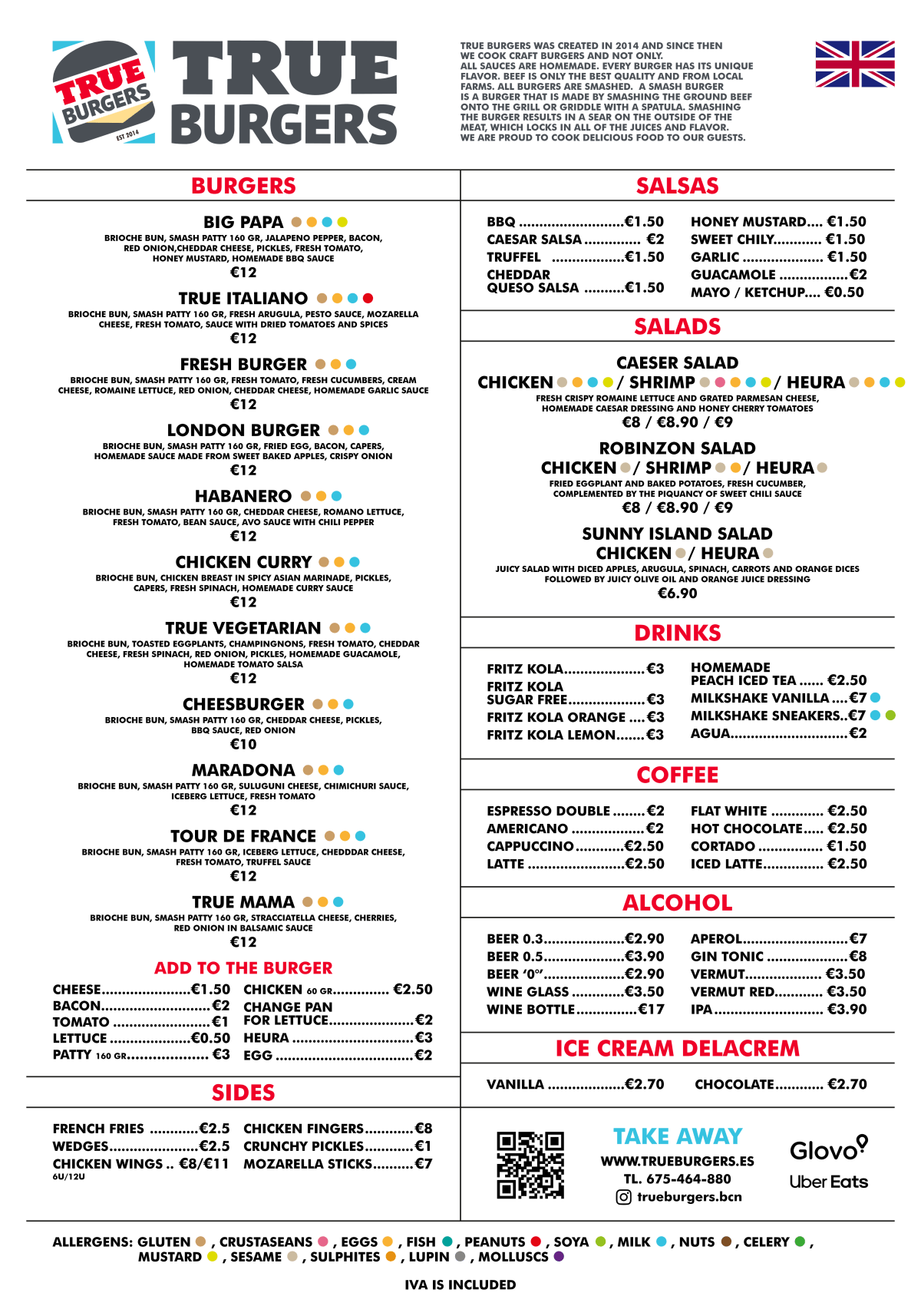 True Burgers menu