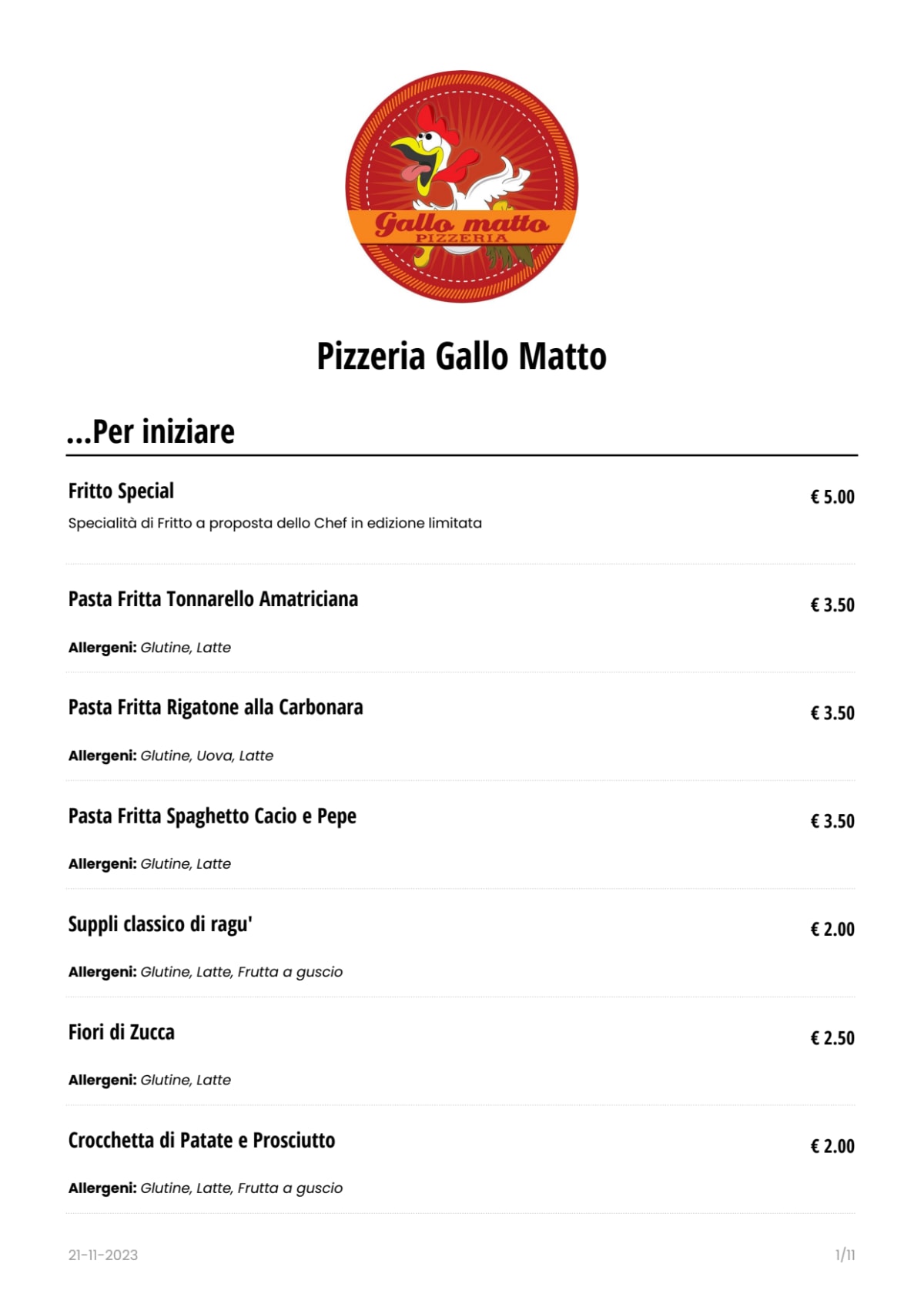 Pizzeria Gallo Matto menu