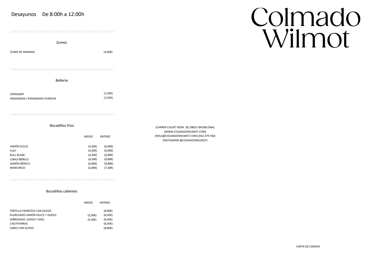 Colmado Wilmot menu