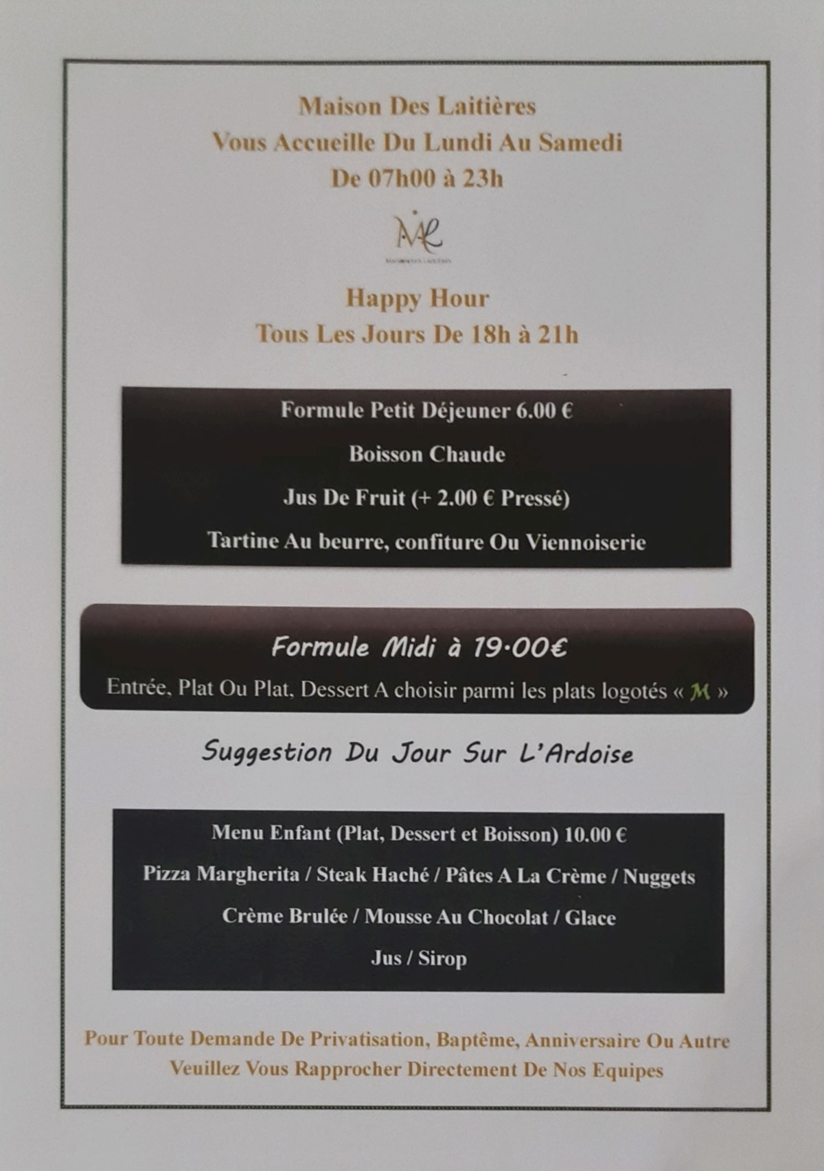 La maison des Laitières menu