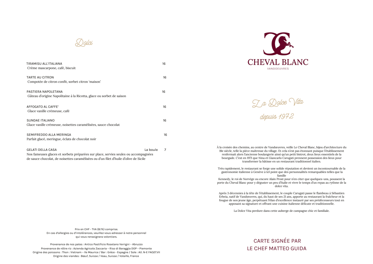 Le Cheval Blanc menu