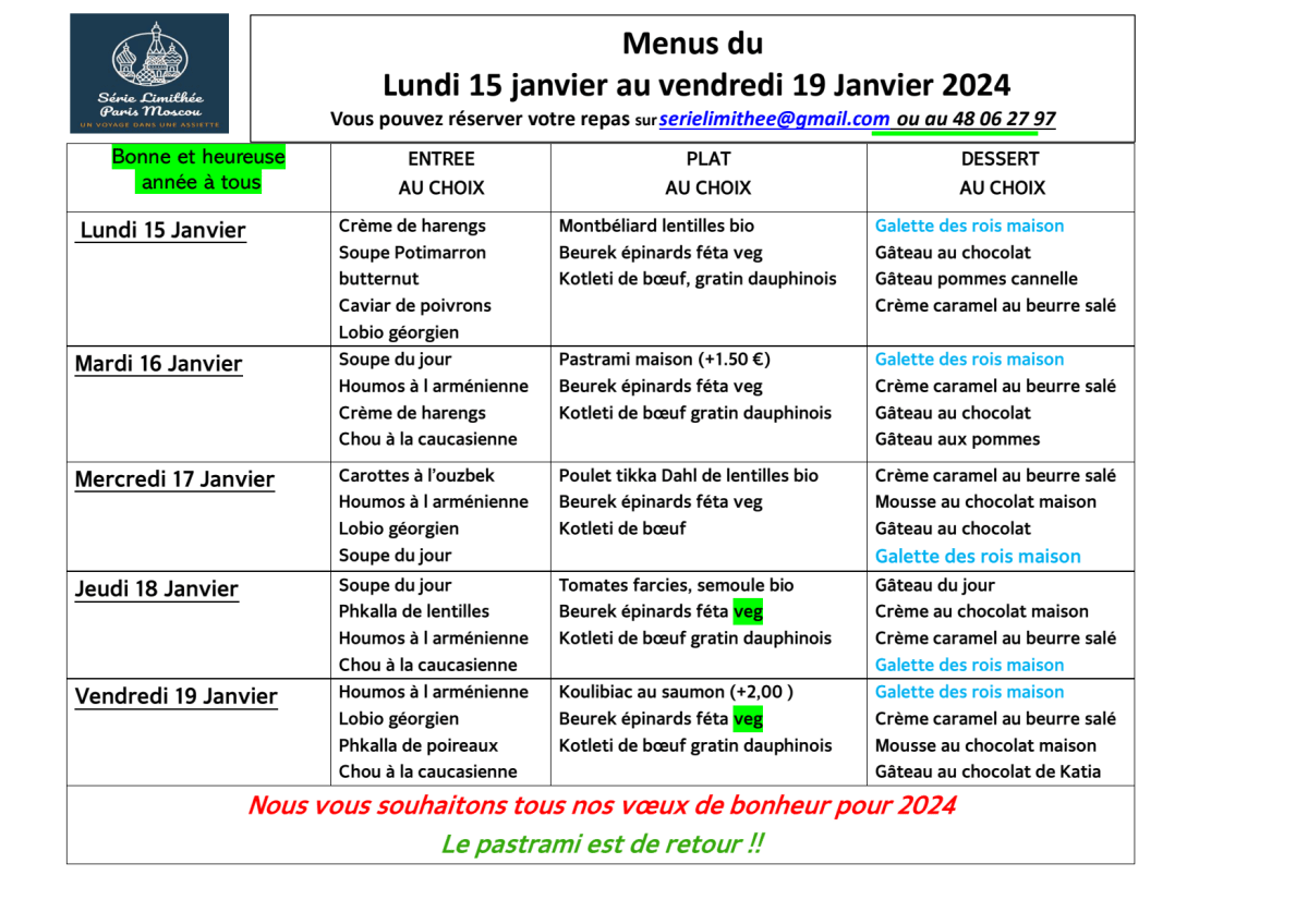 Série Limithée Paris - Moscou menu