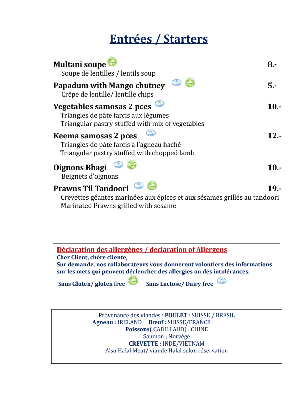 Mr. Pal menu