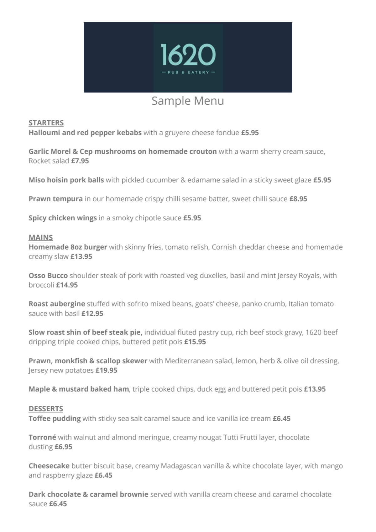 Menu 2024 1620 Pub & Eatery em Plymouth TheFork