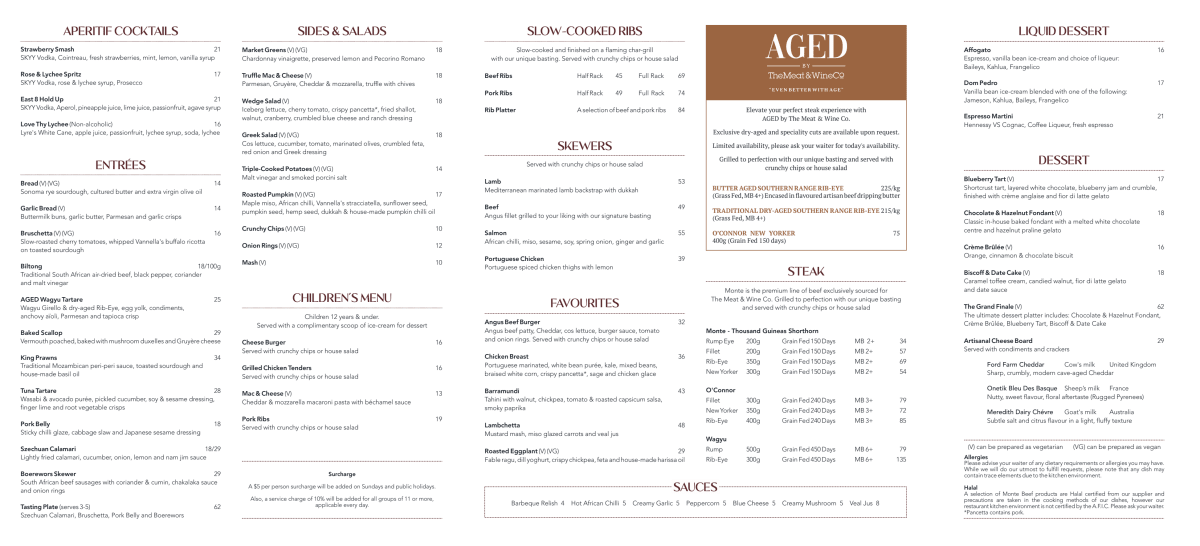 Carte et Menus 2024 The Meat & Wine Co Chadstone à Chadstone (VIC