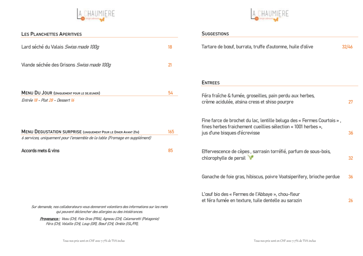 La Chaumière menu