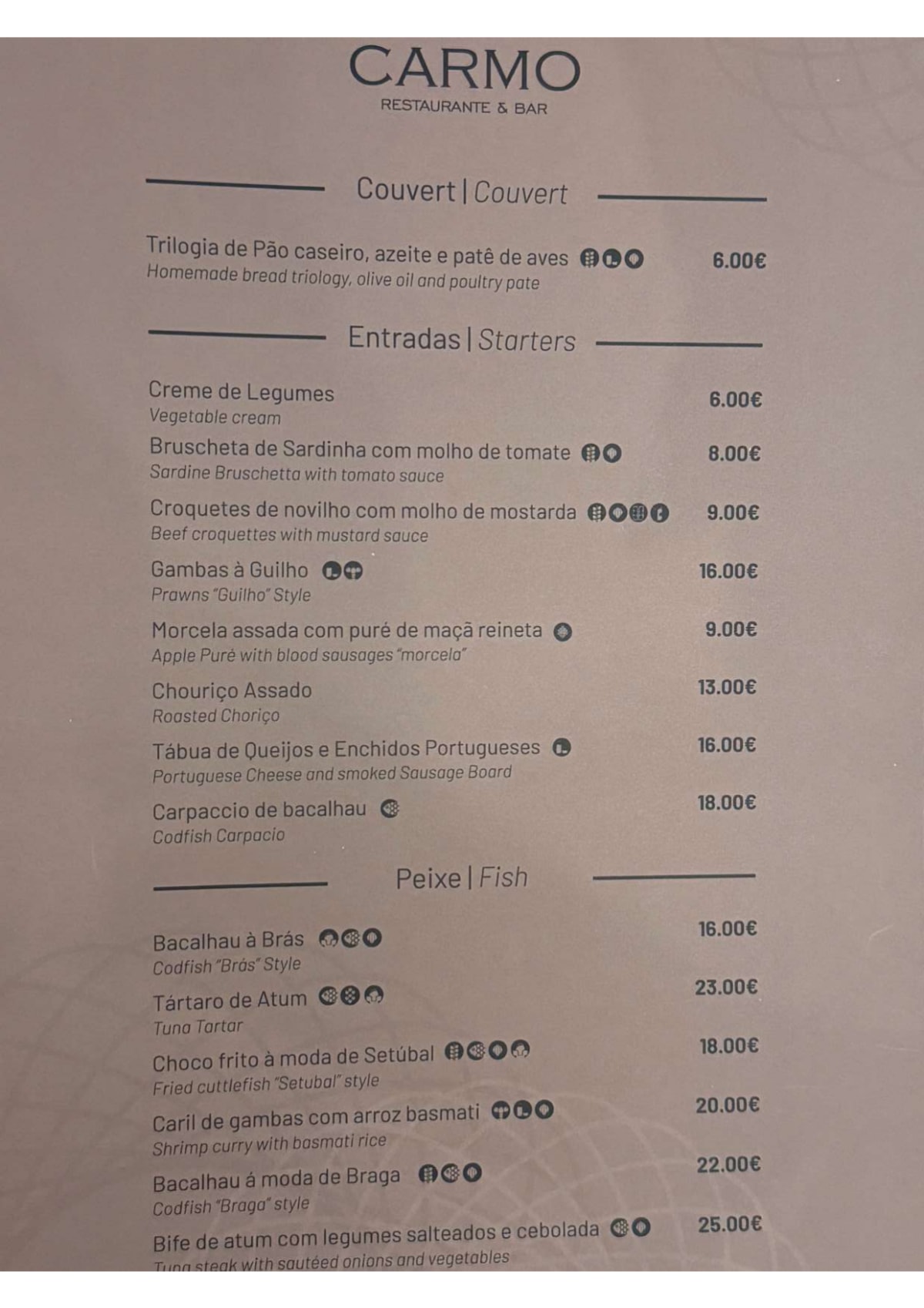 Carmo menu