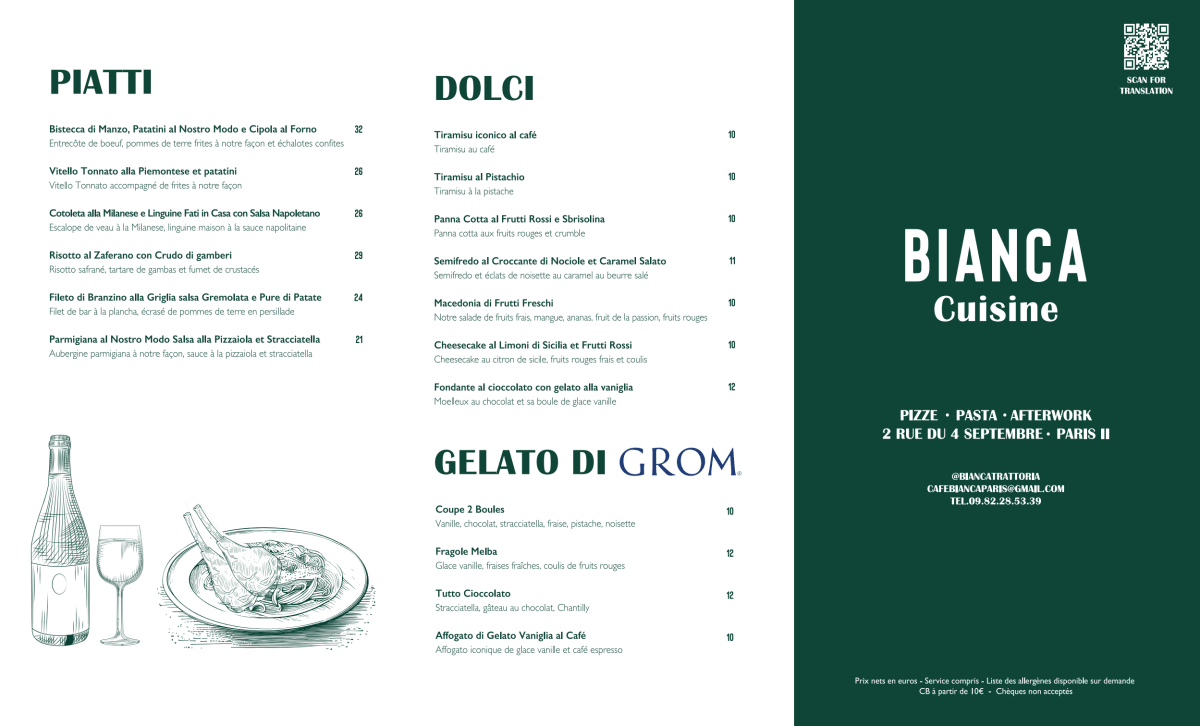 Bianca menu