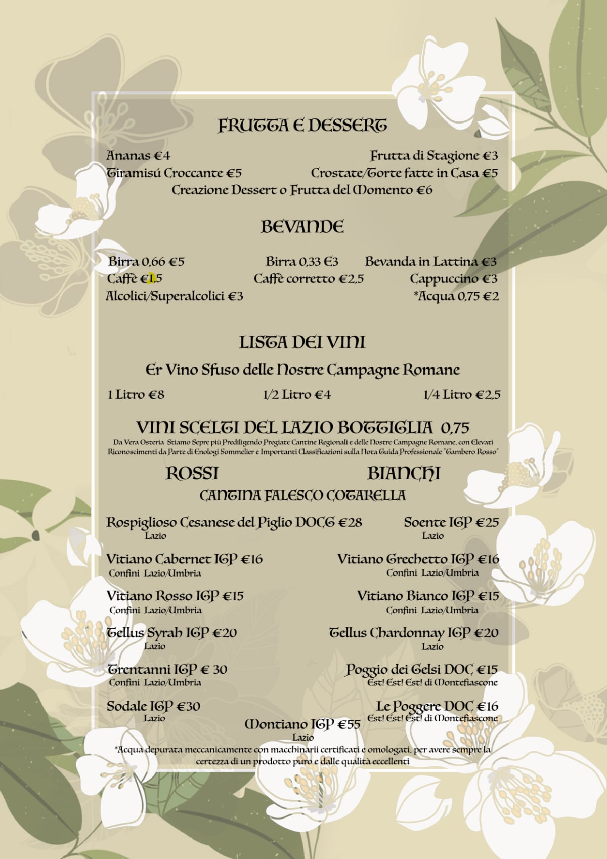 Vecchia Osteria del Gelsomino menu